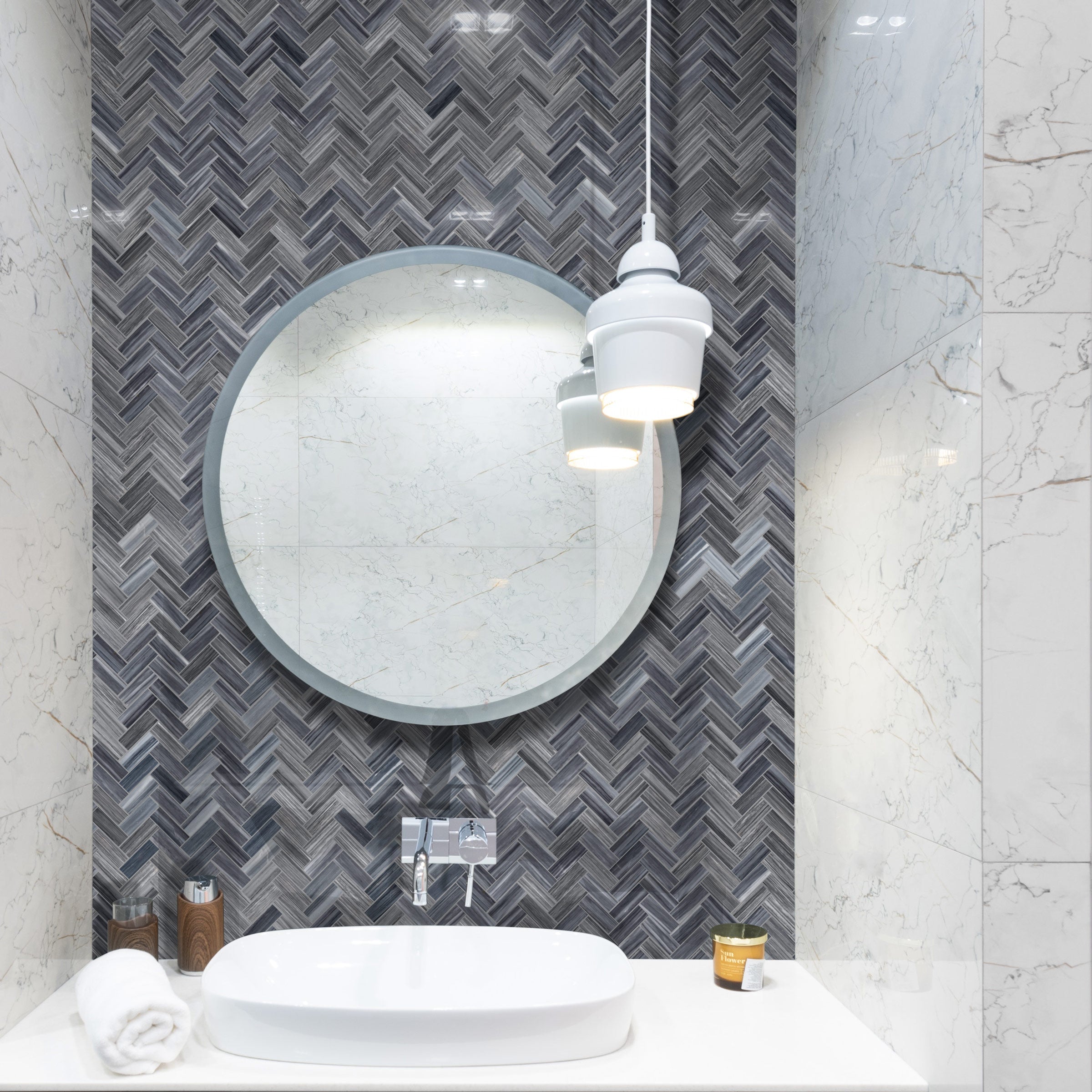 BARDIGLIO VEINCUT: Marble 1"x2" Herringbone Mosaic (11 1/8"x12"x3/8" | Polished)