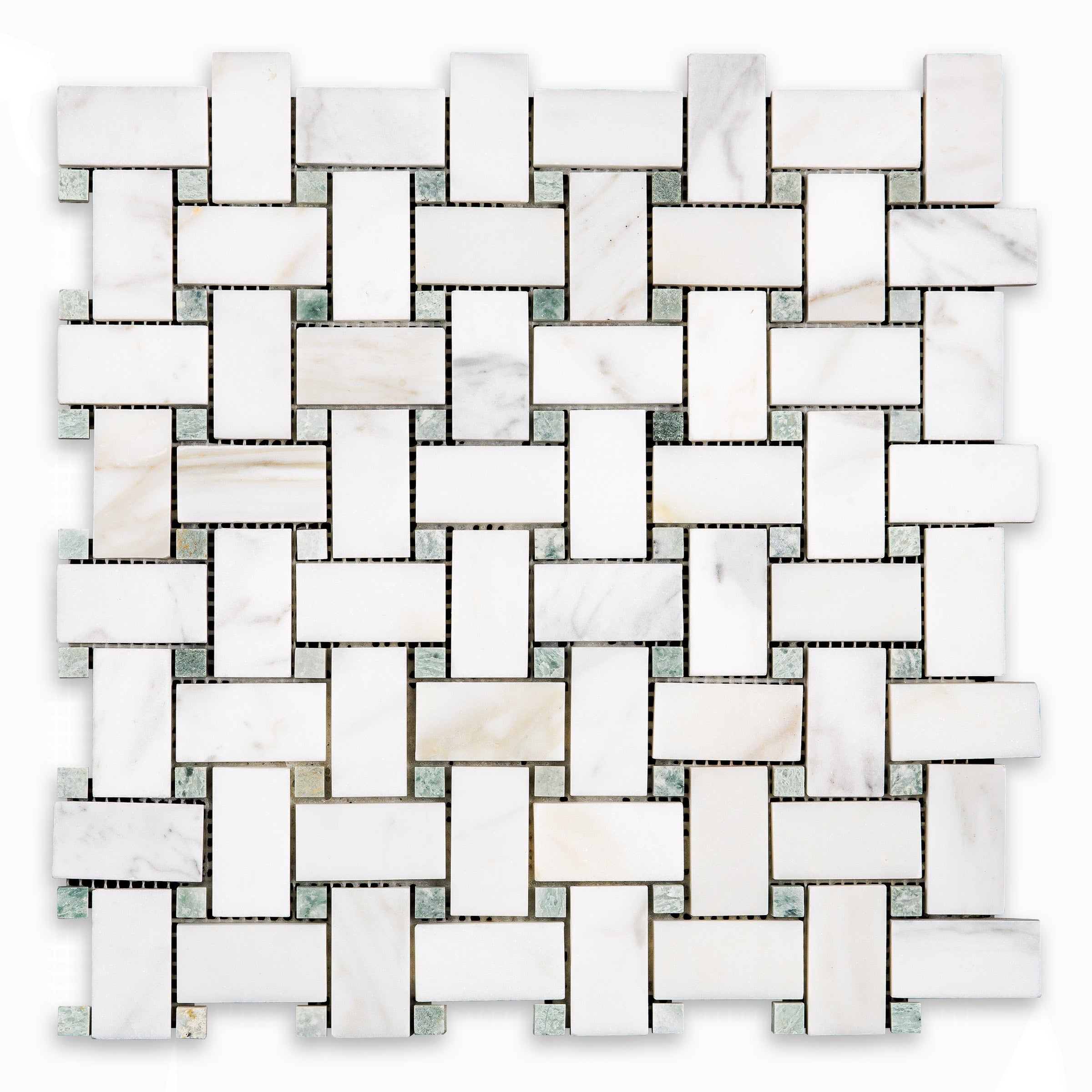 CALACATTA GOLD: Marble Ming Green Dot Basketweave Mosaic (12"x12"x3/8" | Honed)