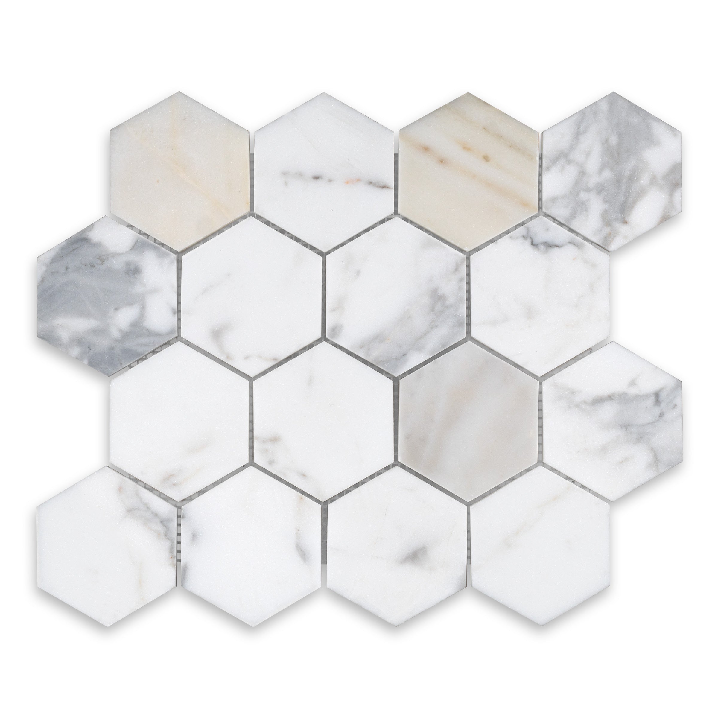 CALACATTA GOLD: Marble 3" Hexagonal Mosaic (10 1/4"x11 3/4"x3/8" | Honed)