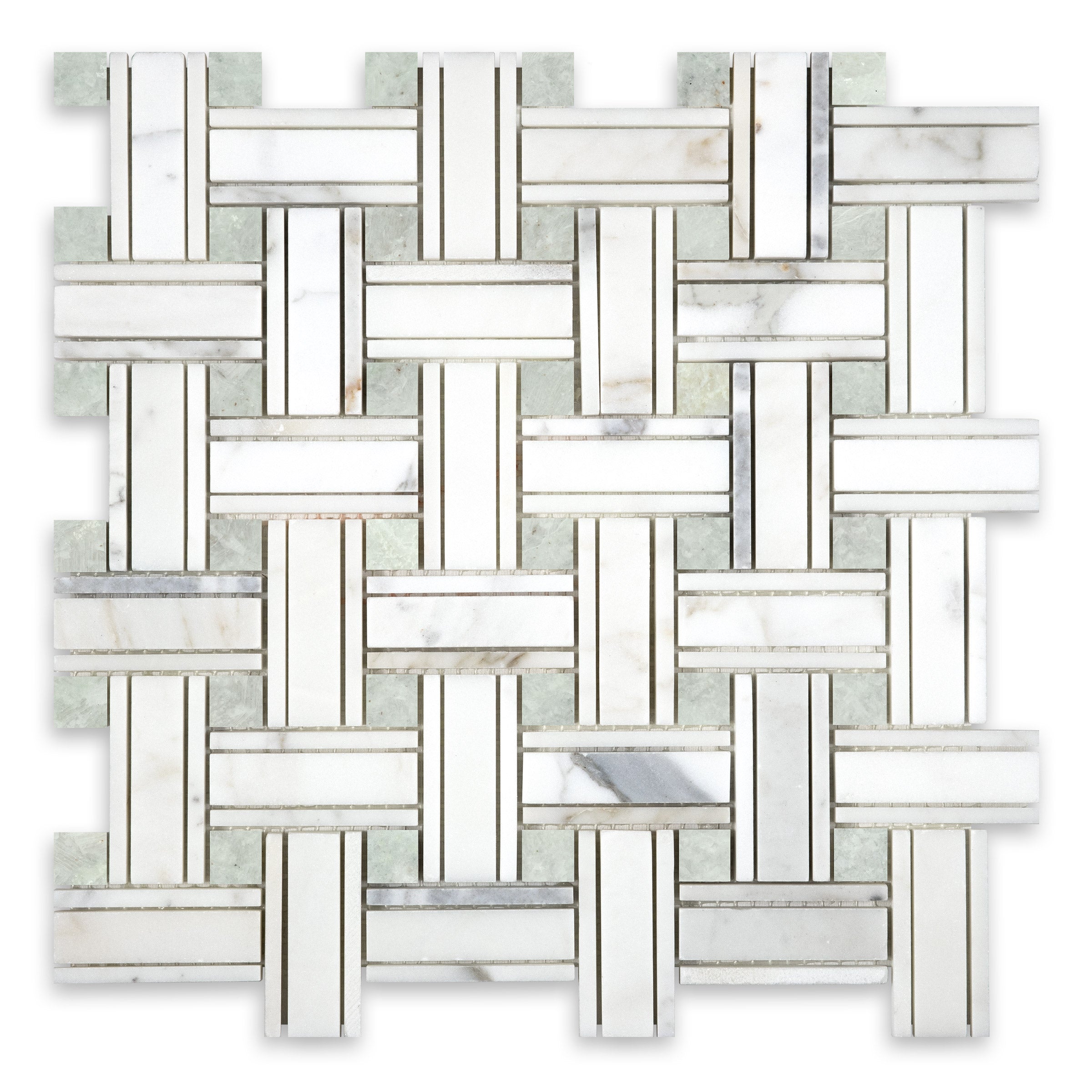 CALACATTA GOLD: Marble Tripleweave Ming Green Dot Basketweave Mosaic (10 3/4"x10 3/4"x3/8" | Honed)