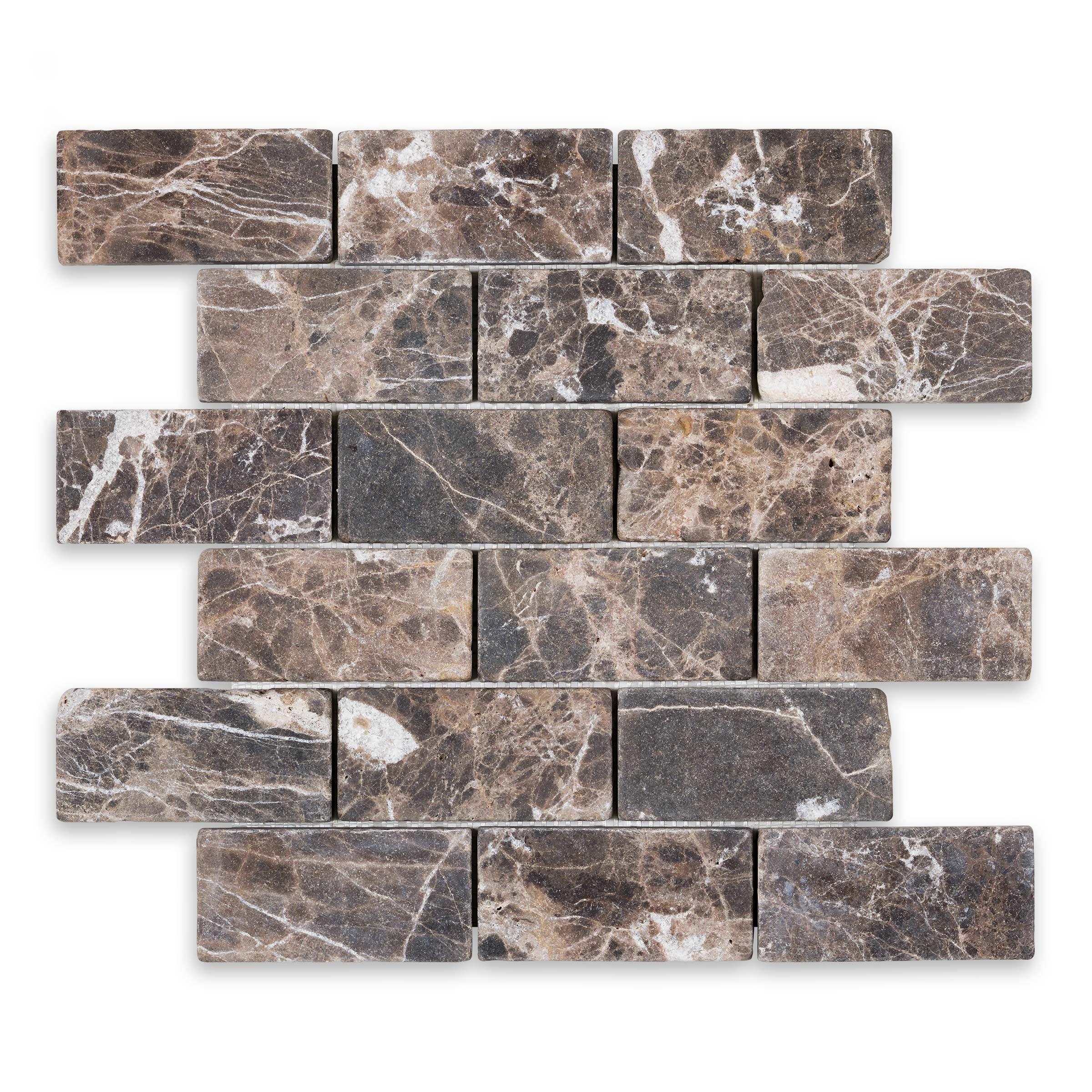 EMPERADOR DARK: Marble 2"x4" Staggered Joint Mosaic (11 3/4"x12"x3/8" | Tumbled)