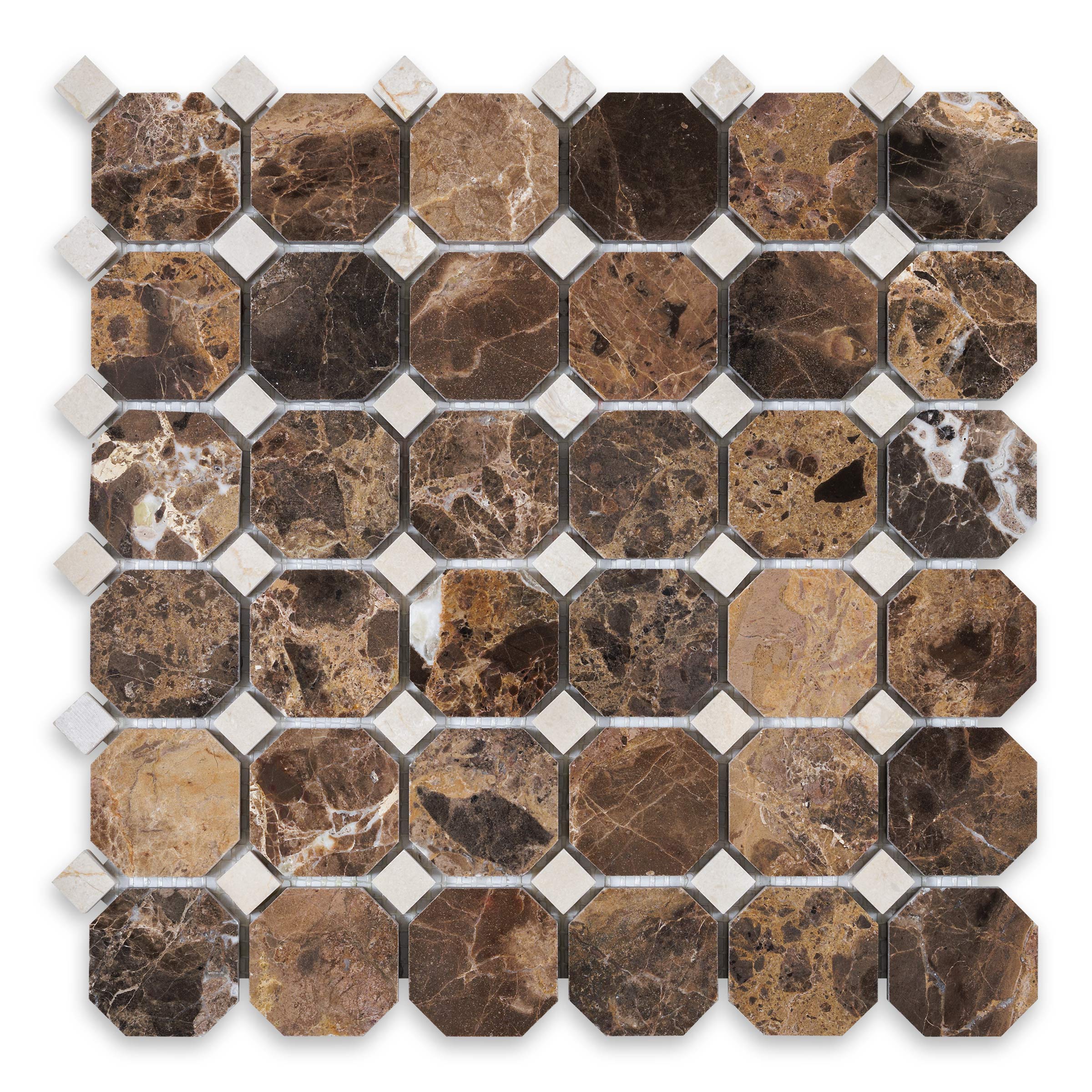 EMPERADOR DARK: Marble Crema Marfil Dot 2" Octagonal Mosaic (11 3/4"x11 3/4"x3/8" | Polished)