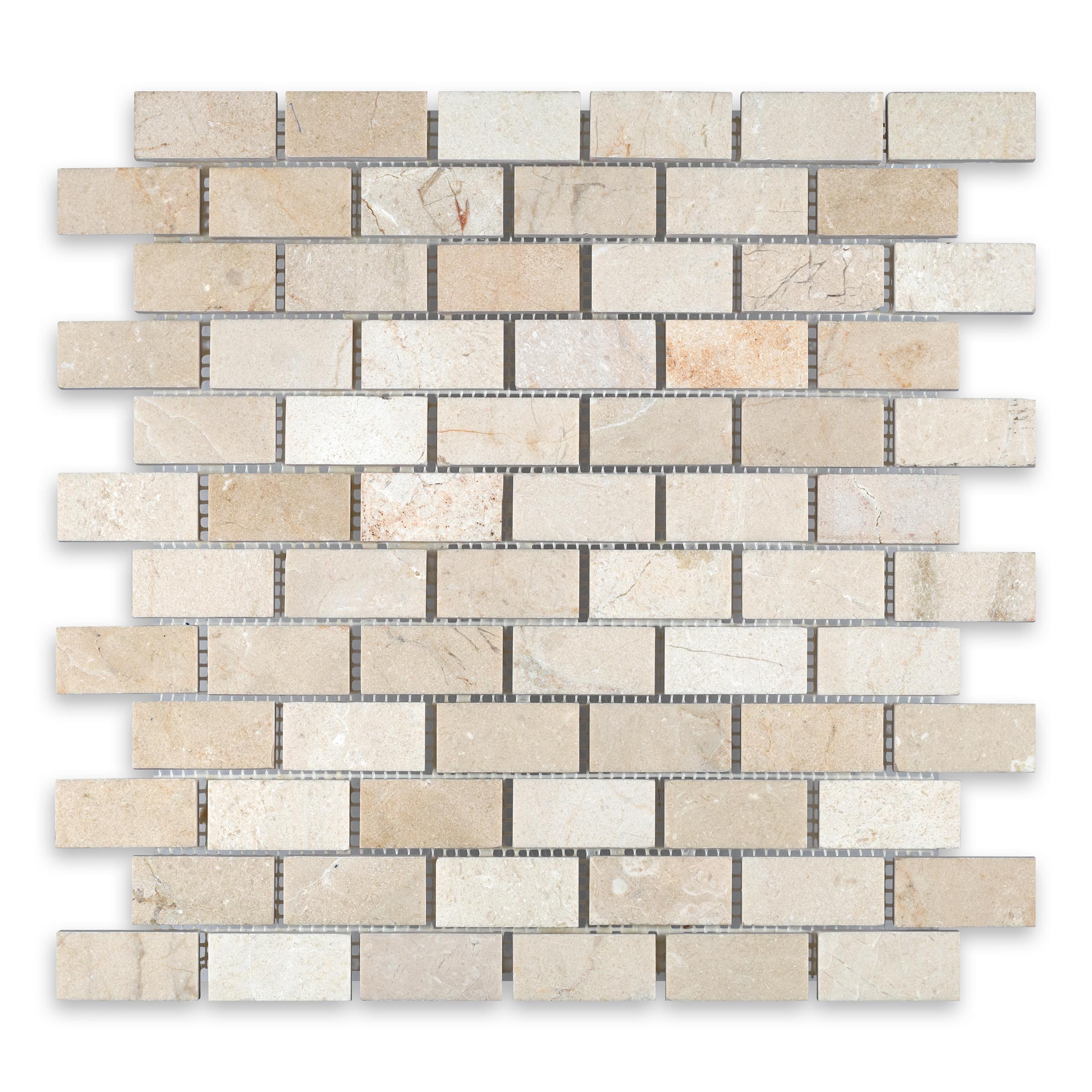 CREMA MARFIL: Marble 1"x2" Staggered Joint Mosaic (12 1/4"x12 3/4"x3/8" | Splitface)