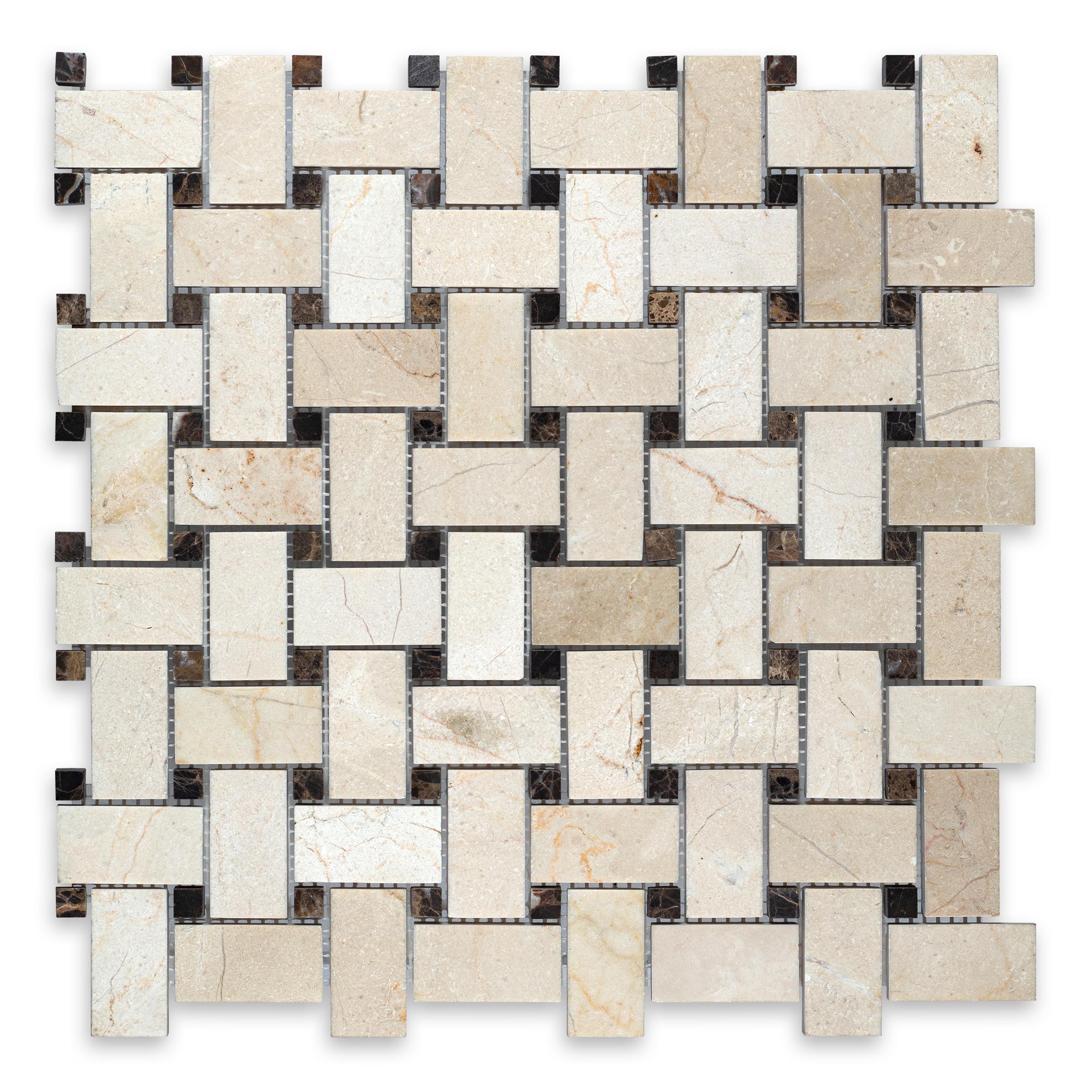 CREMA MARFIL: Marble Emperador Dark Dot Basketweave Mosaic (12"x12"x3/8" | Honed)