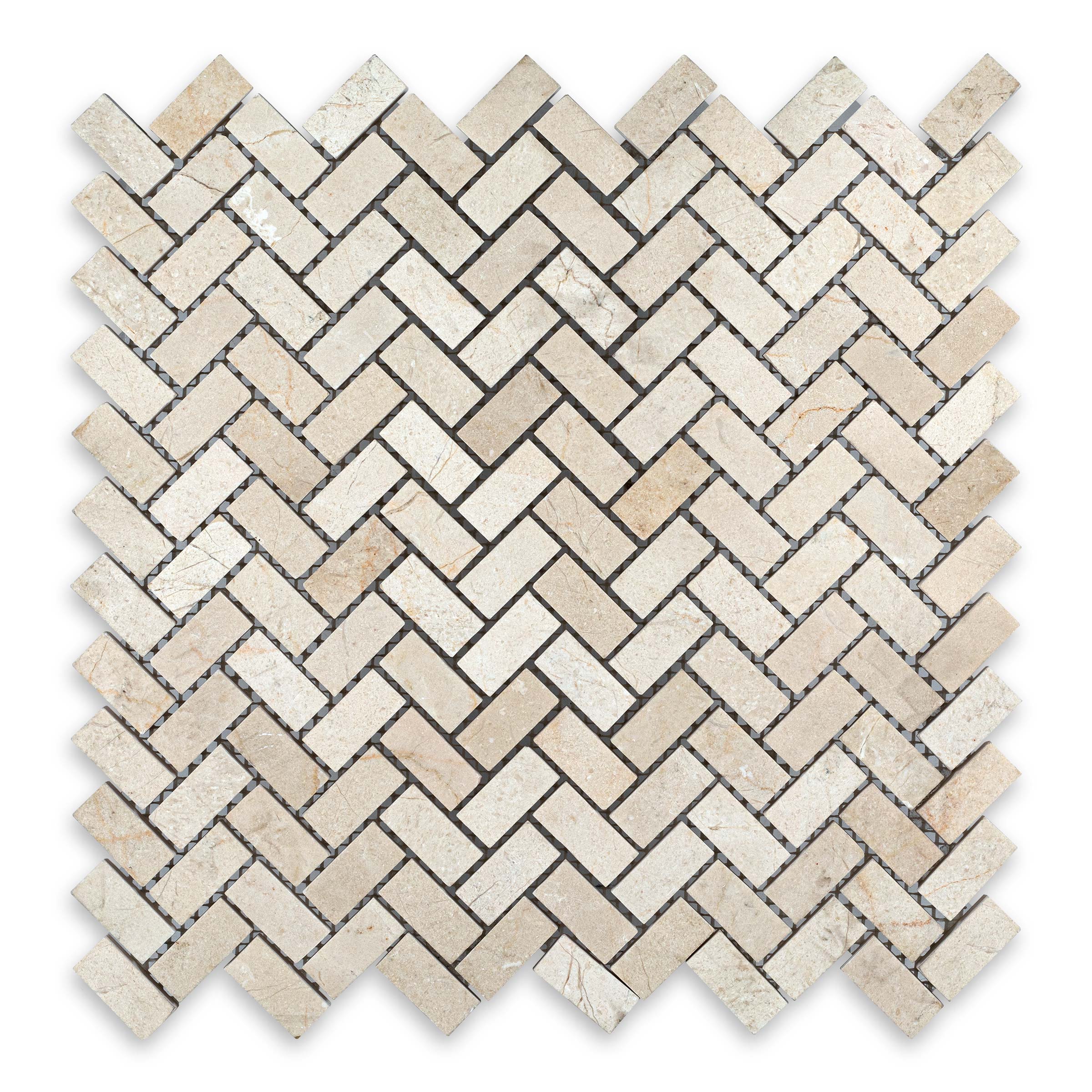 CREMA MARFIL: Marble 5/8"x1-1/4" Herringbone Mosaic (11 3/8"x11 3/8"x3/8" | Honed)