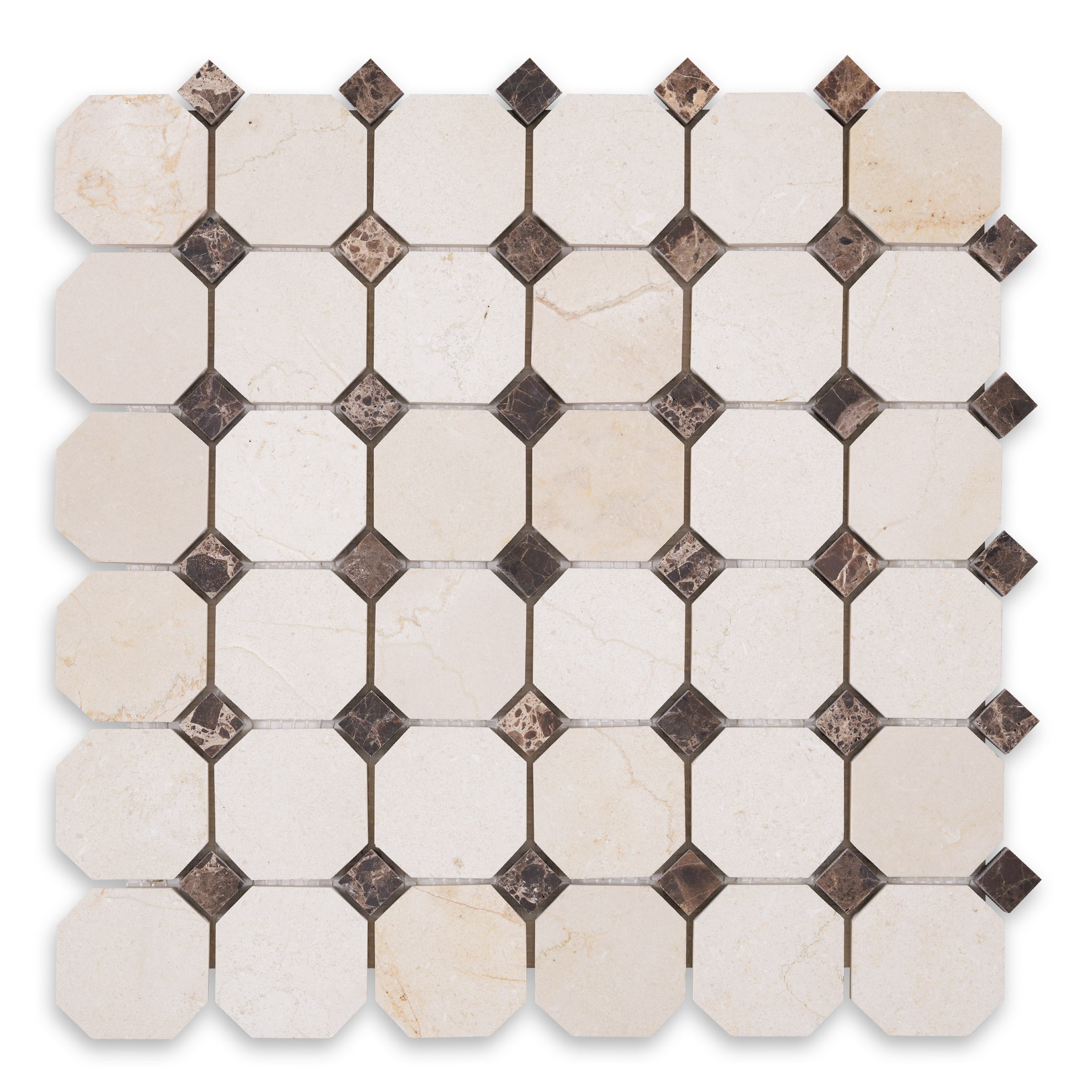 CREMA MARFIL: Marble Emperador Dark 2" Octagonal Mosaic (11 3/4"x11 3/4"x3/8" | Honed)