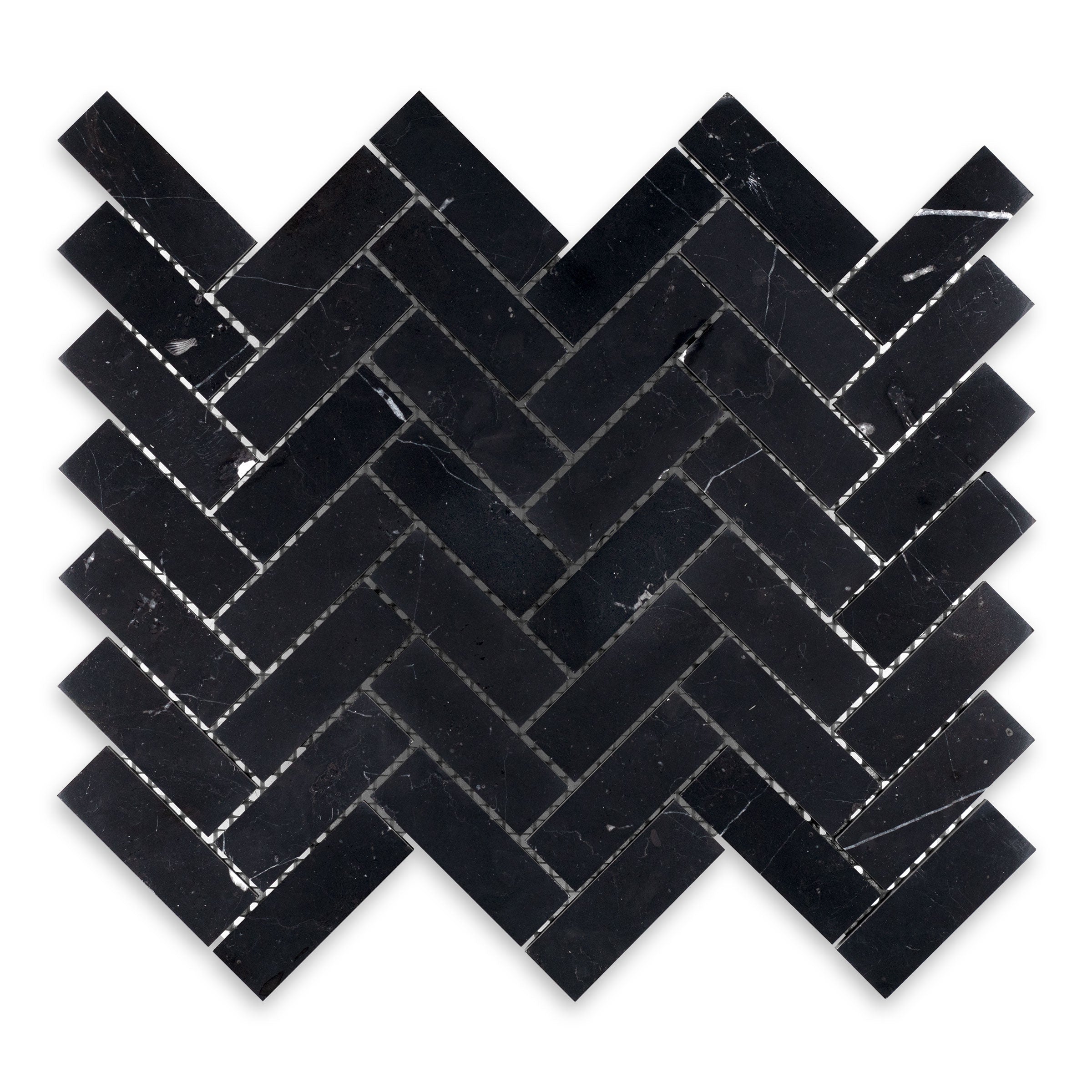 CHINA BLACK: Marble 1"x3" Herringbone Mosaic (11 1/4"x12 3/4"x3/8" | Honed)