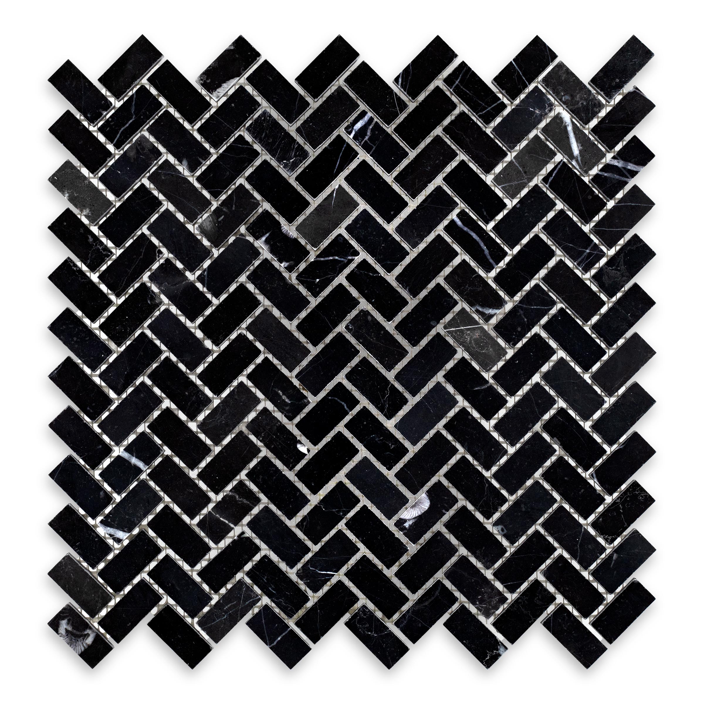 CHINA BLACK: Marble 5/8"x1-1/4" Herringbone Mosaic (11 3/8"x11 3/8"x3/8" | Polished)