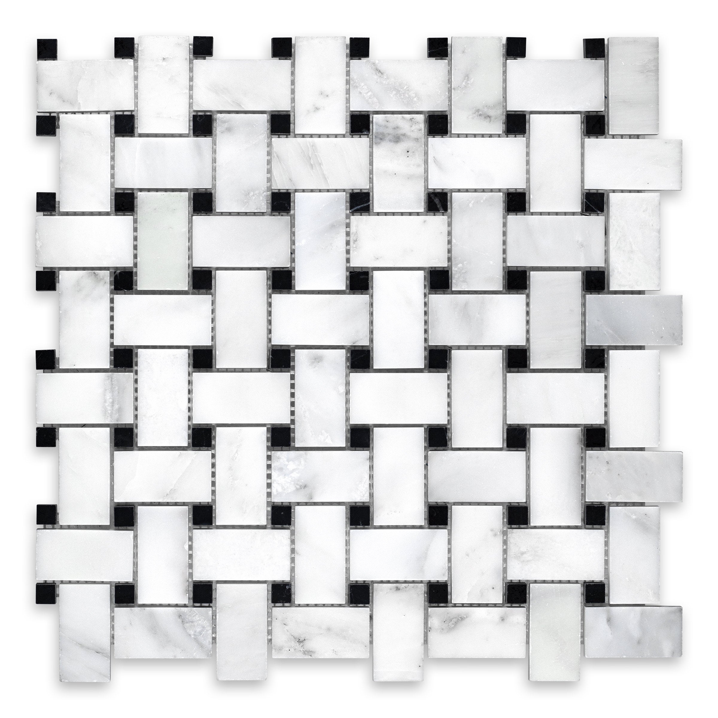 ORIENTAL WHITE: Marble Black Dot Basketweave Mosaic (12"x12"x3/8" | Honed)