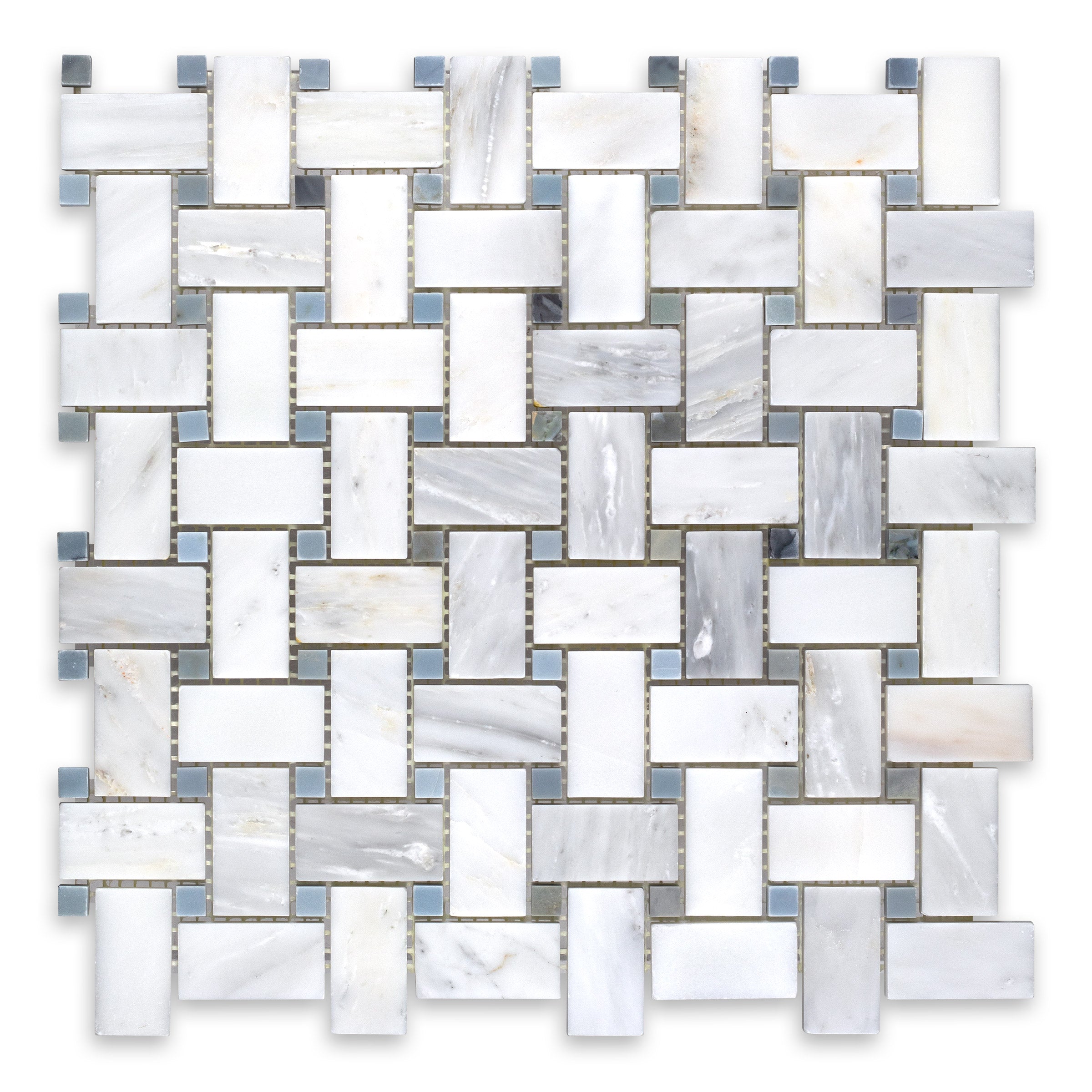 ORIENTAL WHITE: Marble Blue Dot Basketweave Mosaic (12"x12"x3/8" | Honed)