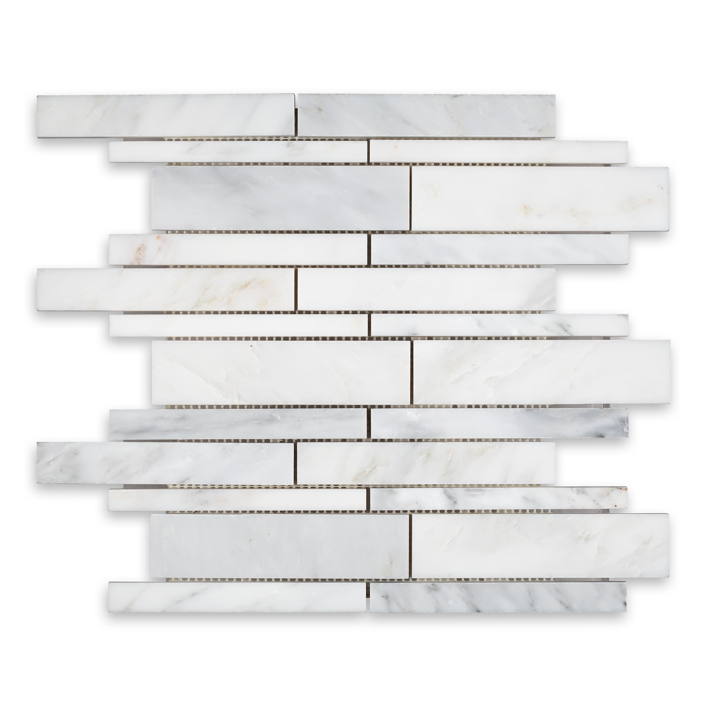 ORIENTAL WHITE: Marble Multiwidth Random Strip Mosaic (11 3/8"x11 3/4"x3/8" | Honed)