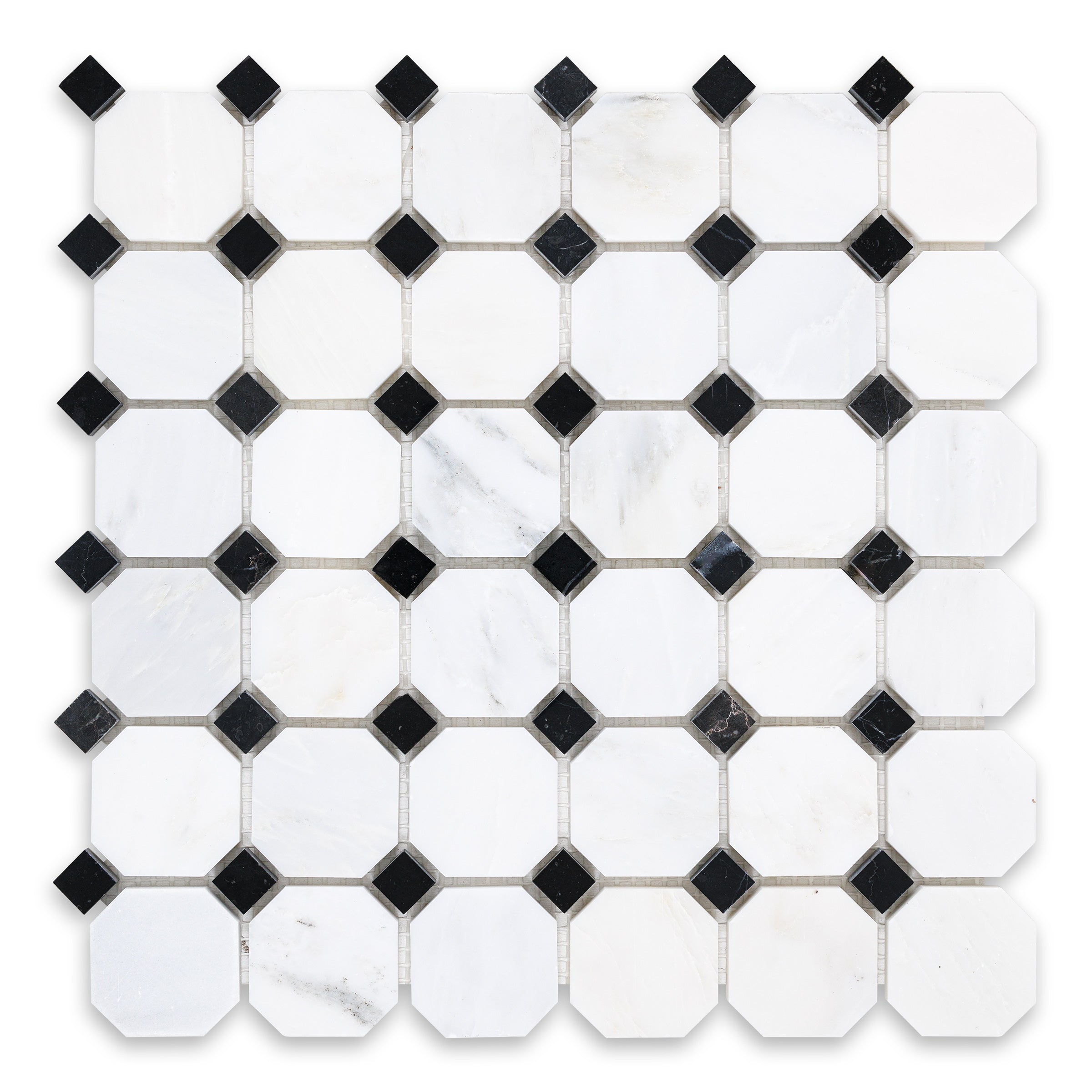 ORIENTAL WHITE: Marble Black Dot  Octagonal Mosaic (11 3/4"x11 3/4"x3/8" | Honed)