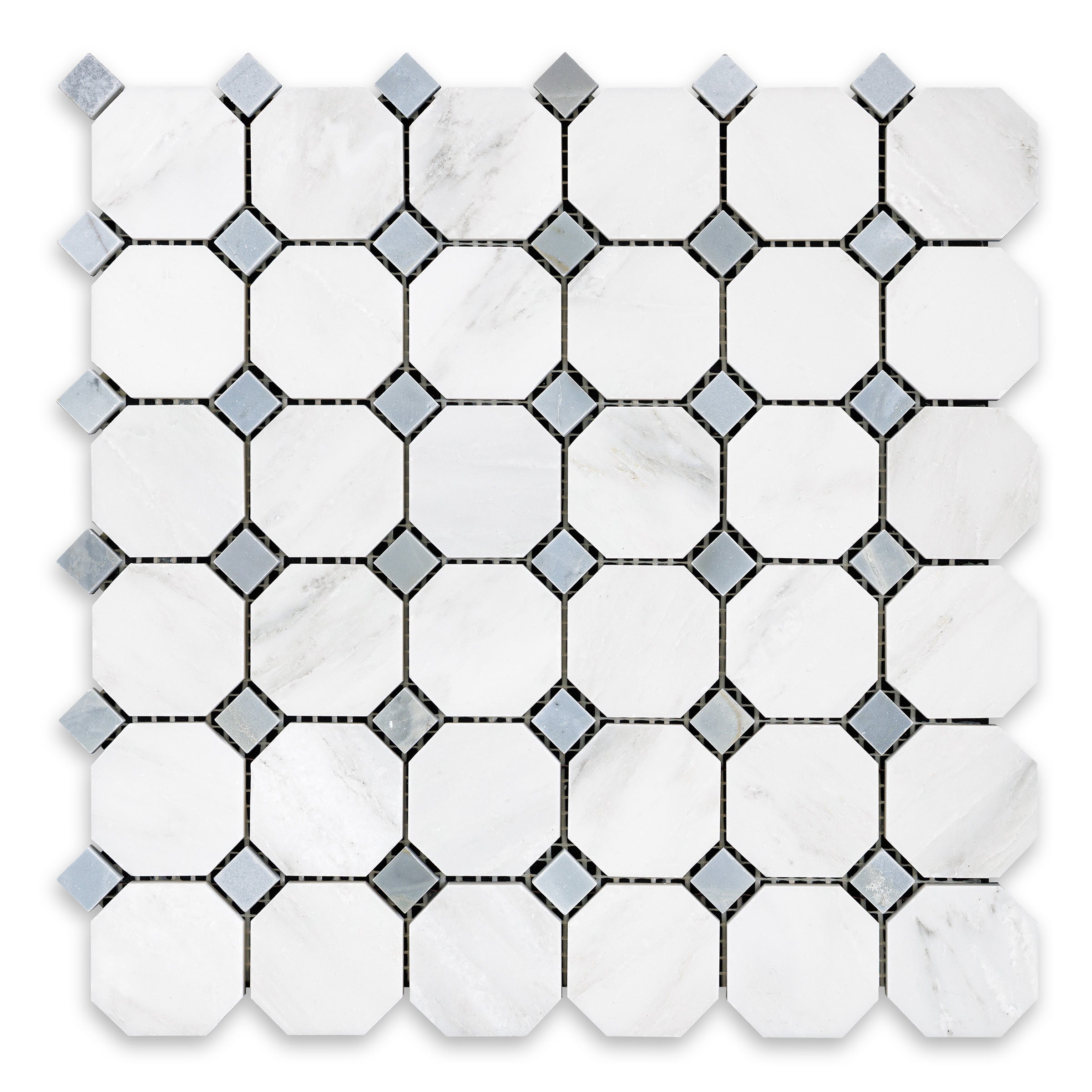 ORIENTAL WHITE: Marble Grey Dot Octagonal Mosaic (11 3/4"x11 3/4"x3/8" | Honed)