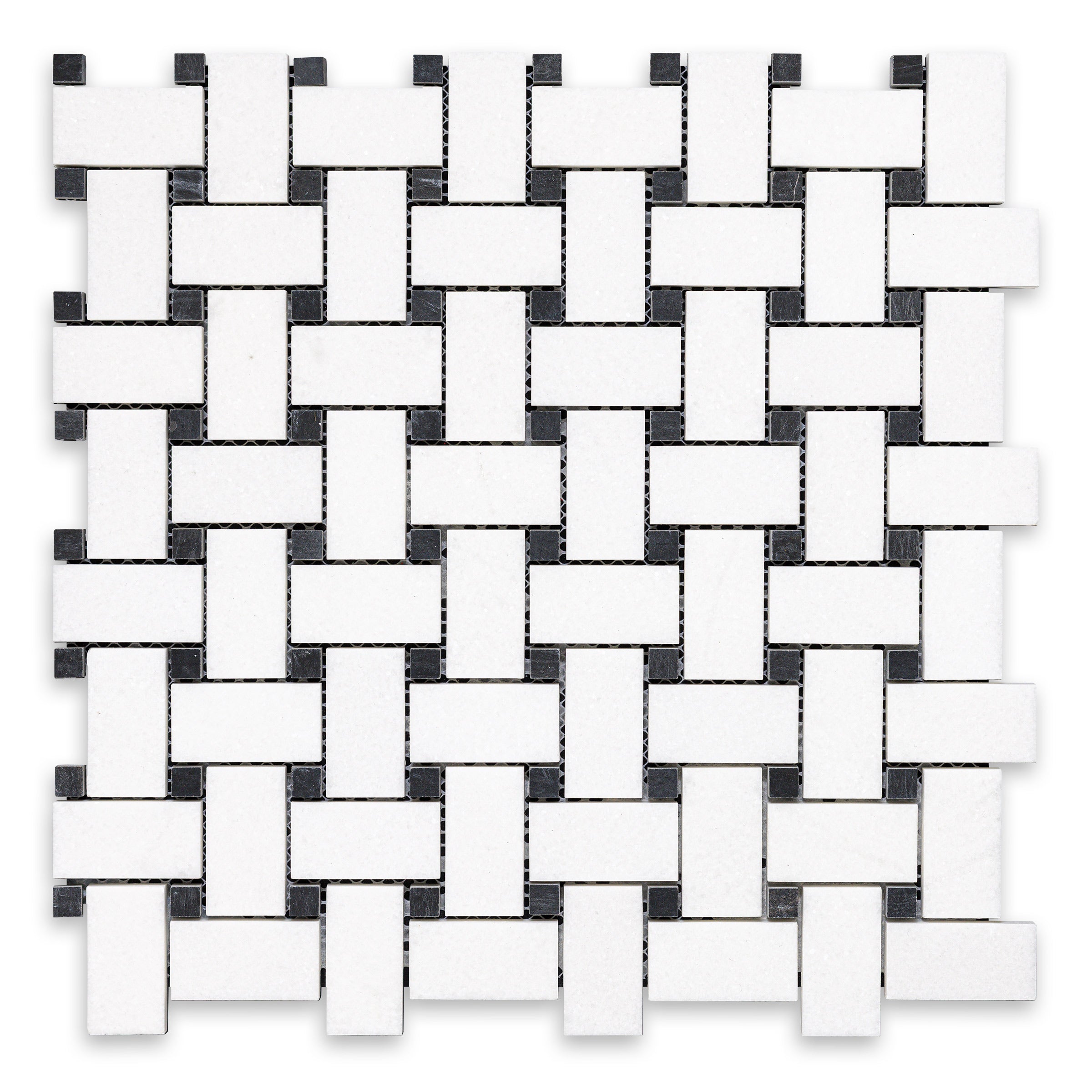 THASSOS WHITE: Marble Black Dot Basketweave Mosaic (12"x12"x3/8" | Honed)