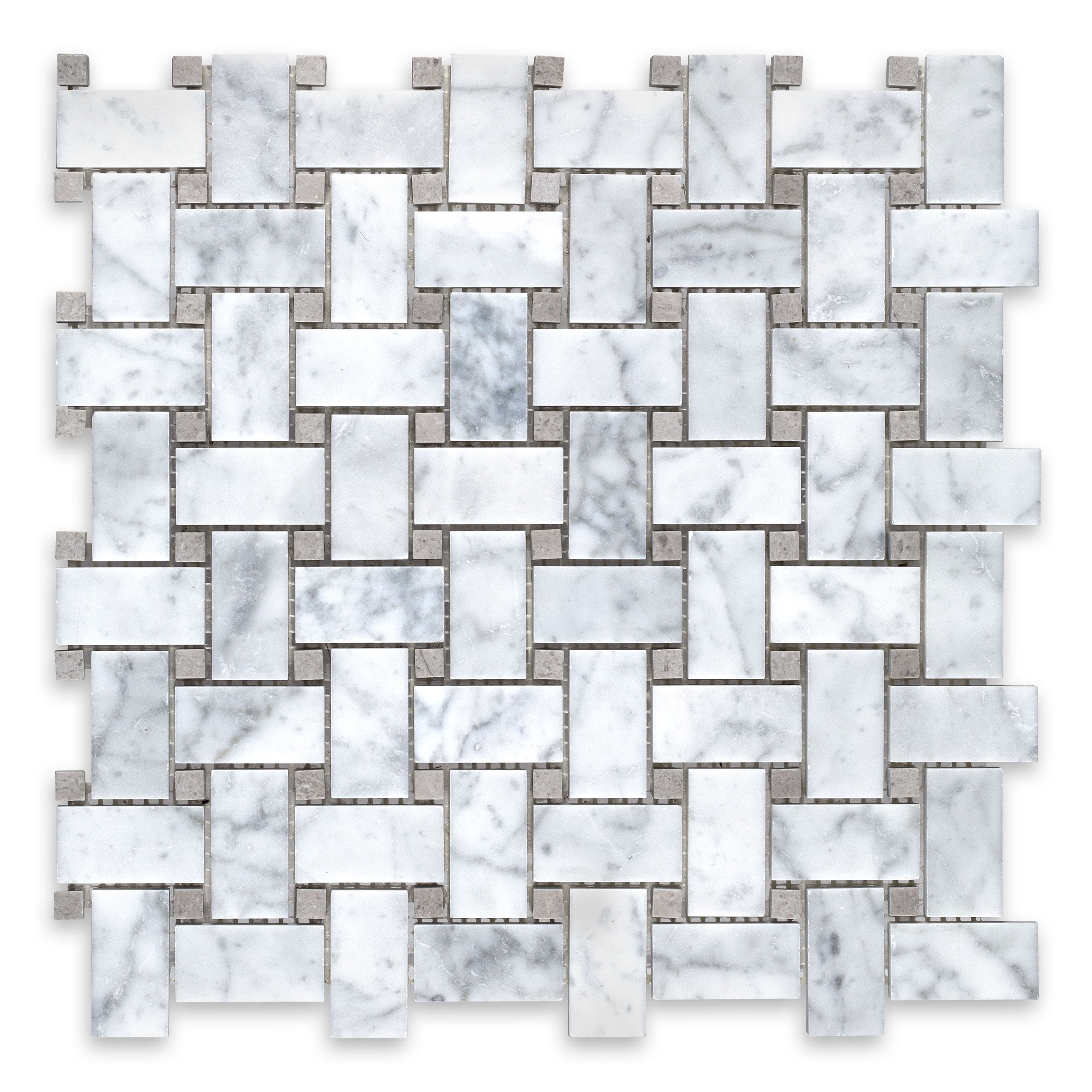 WHITE CARRARA: Marble Grey Dot Basketweave Mosaic (12"x12"x3/8" | Honed)