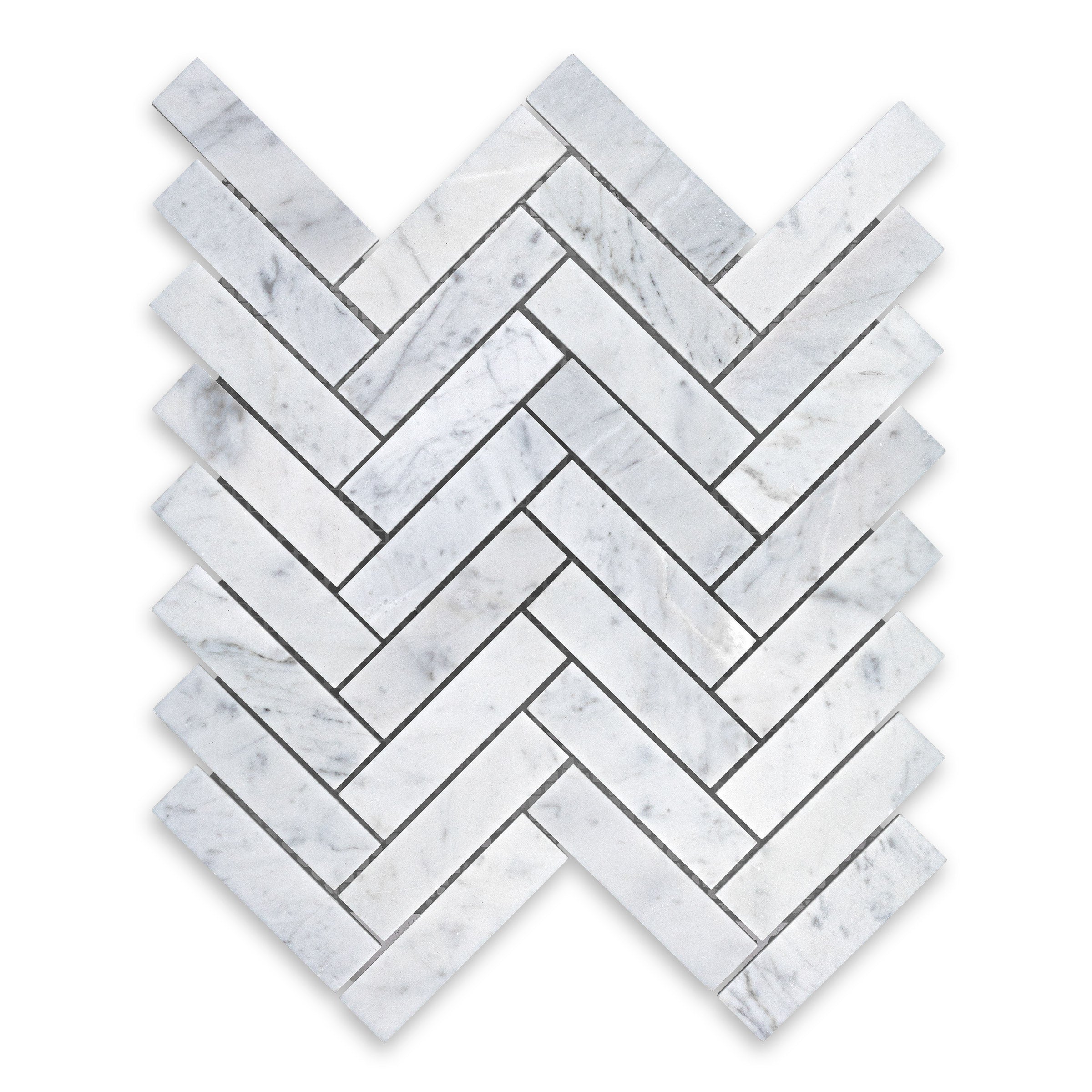 WHITE CARRARA: Marble 1"x4" Herringbone Mosaic (11 1/8"x12"x3/8" | Honed)