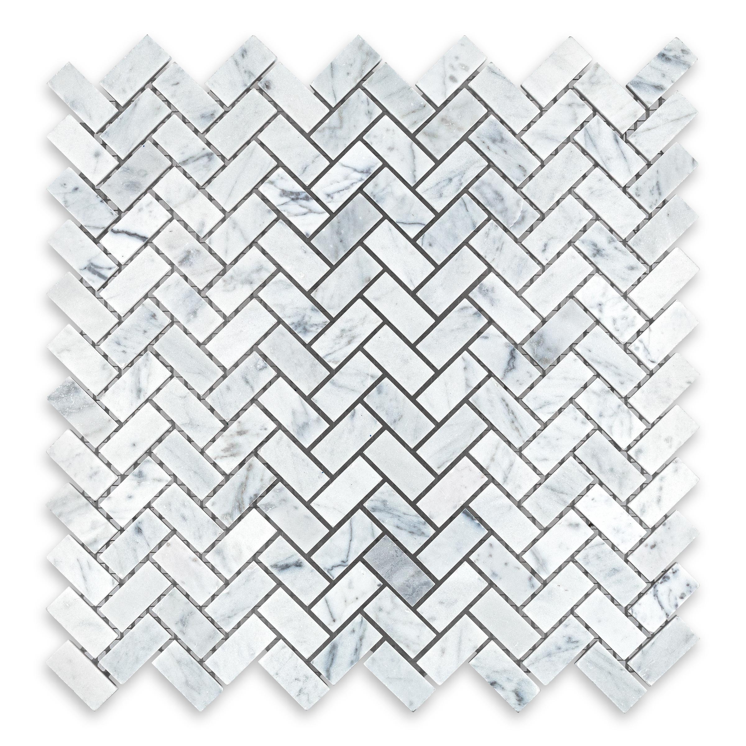 WHITE CARRARA: Marble 5/8"x1-1/4" Herringbone Mosaic (11 3/8"x11 3/8"x3/8" | Honed)