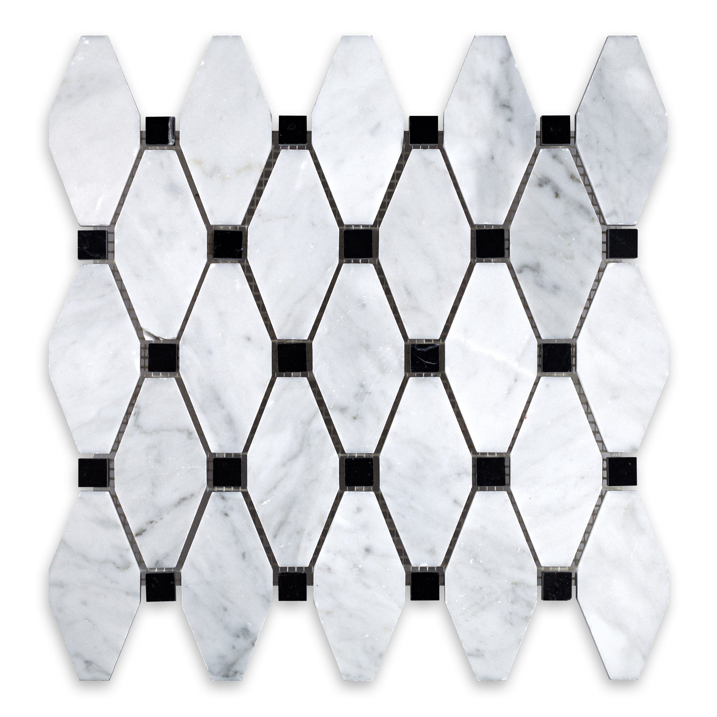 WHITE CARRARA: Marble Black Clip Diamond Lattice Mosaic (11 1/2"x12"x3/8" | Honed)