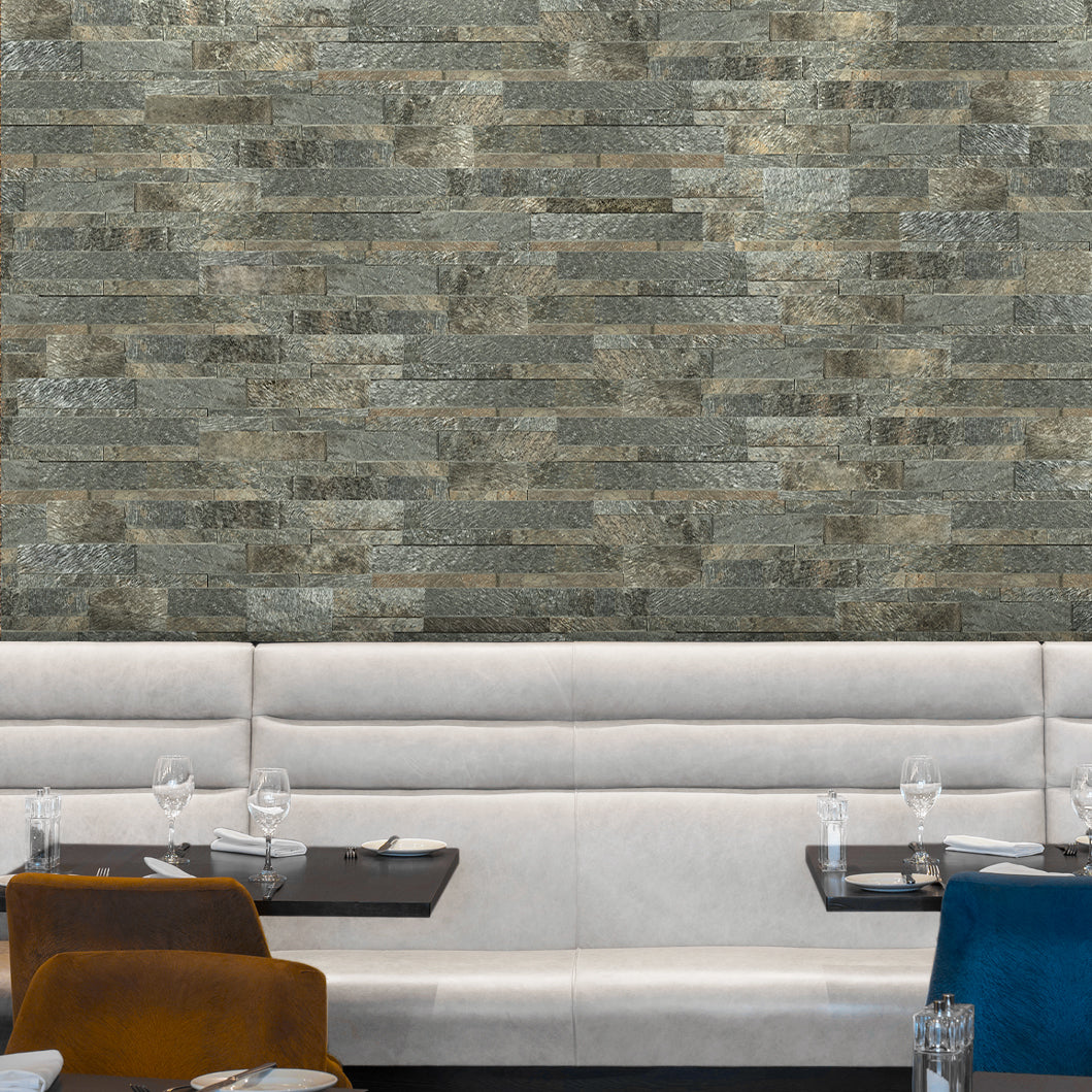 GOLD GREEN: Quartzite Ledger Stone Flat Wall Panel (6"x24"x3/8"-7/8" | Rockface)