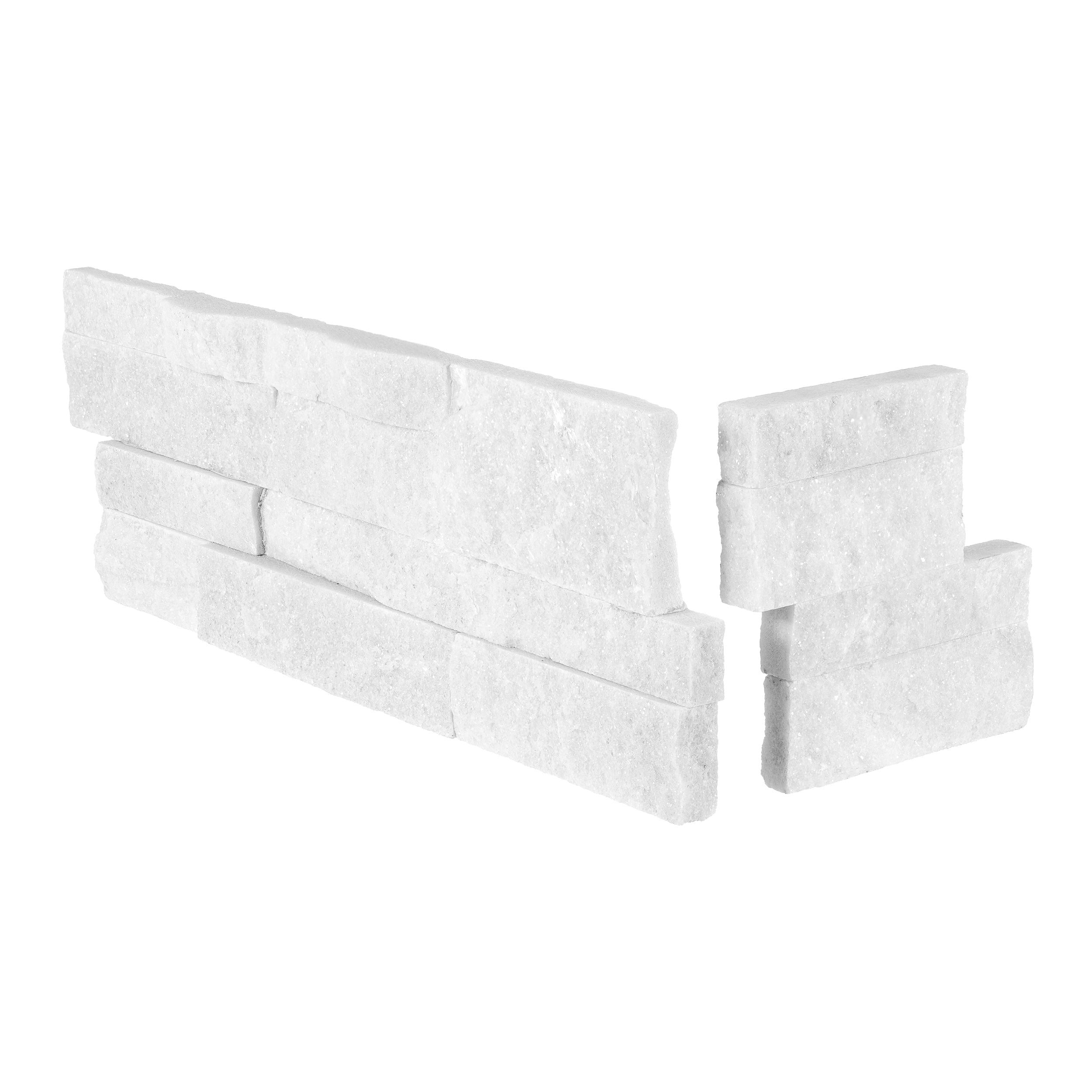 WHITE QUARTZITE: Ledger Stone Smart Corner Wall Panel (6"x6", 6"x18" | Rockface)