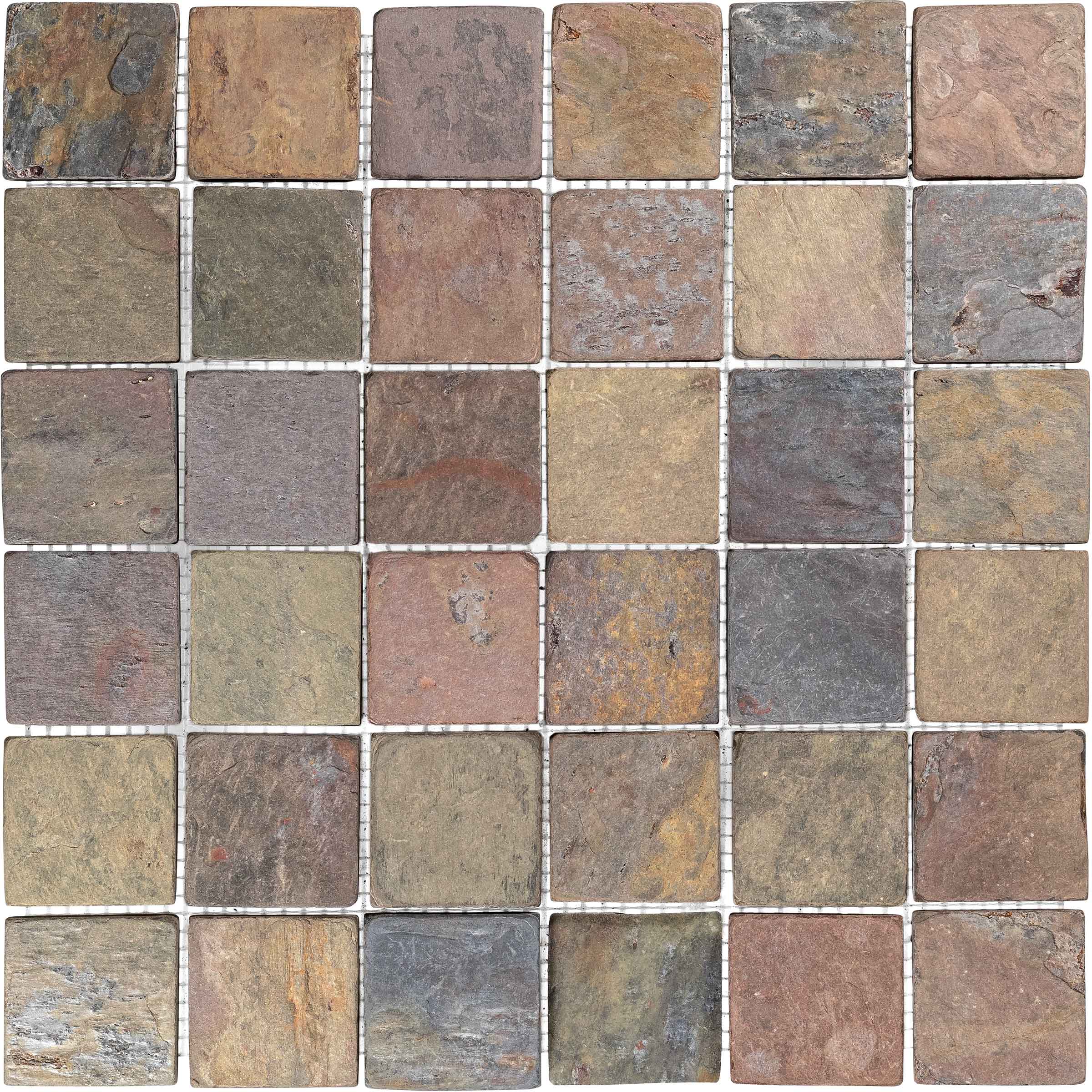 INDIAN MULTICOLOR: Slate 2" Straight Stack Mosaic (12"x12"x3/8" | Tumbled)