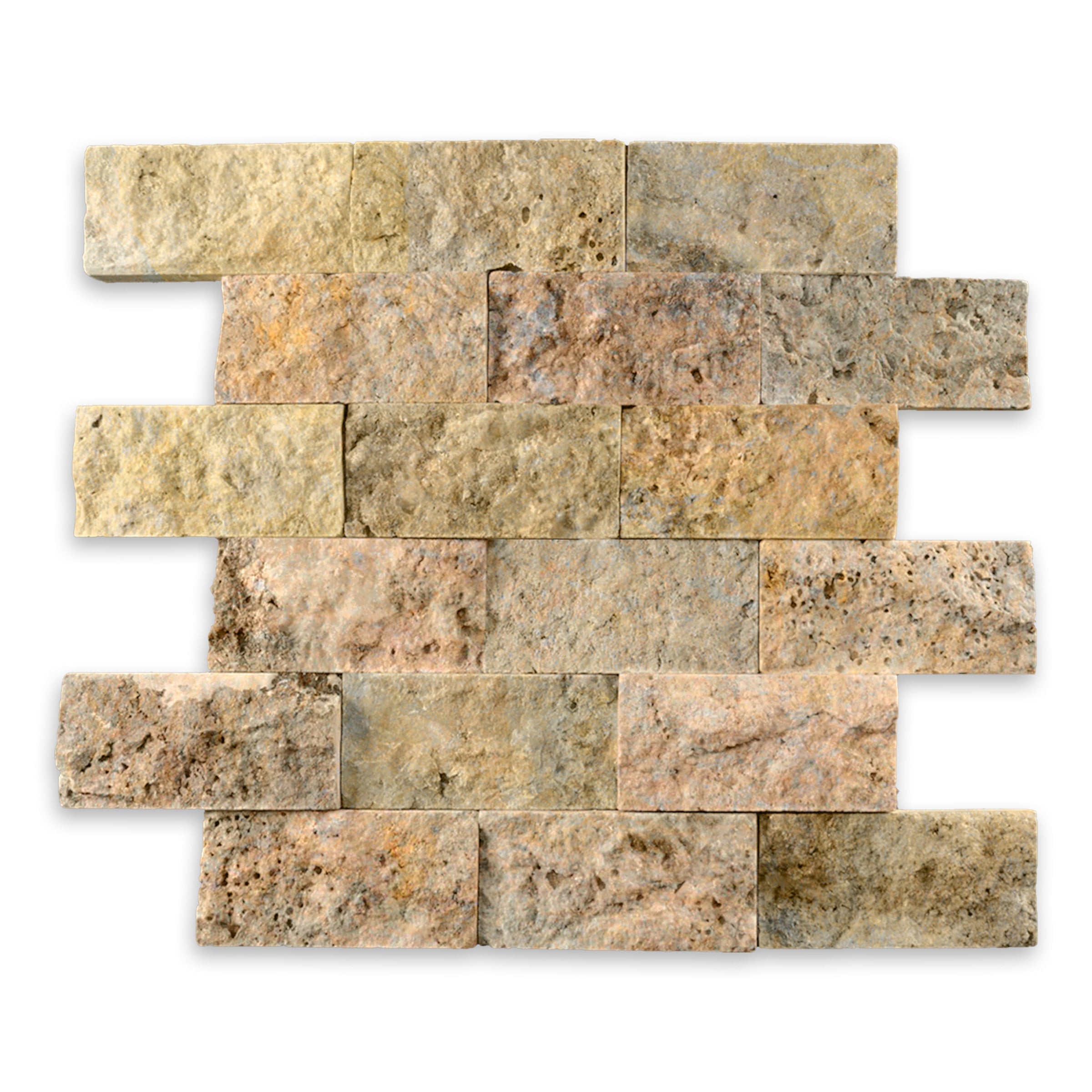 AUTUMN LEAVES: Travertine 2"x4" Wavy Staggered Joint Mosaic (11 7/8"x11 7/8"x3/8" | Splitface)