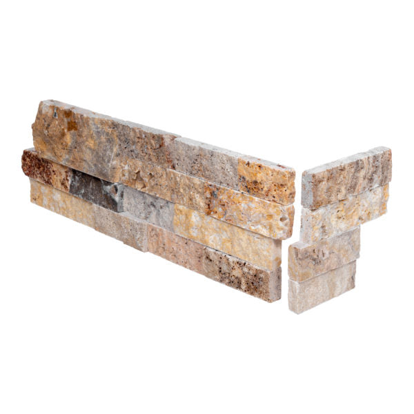 AUTUMN LEAVES: Travertine Ledger Stone Smart Corner Wall Panel (6"x6", 6"x18" | Rockface)