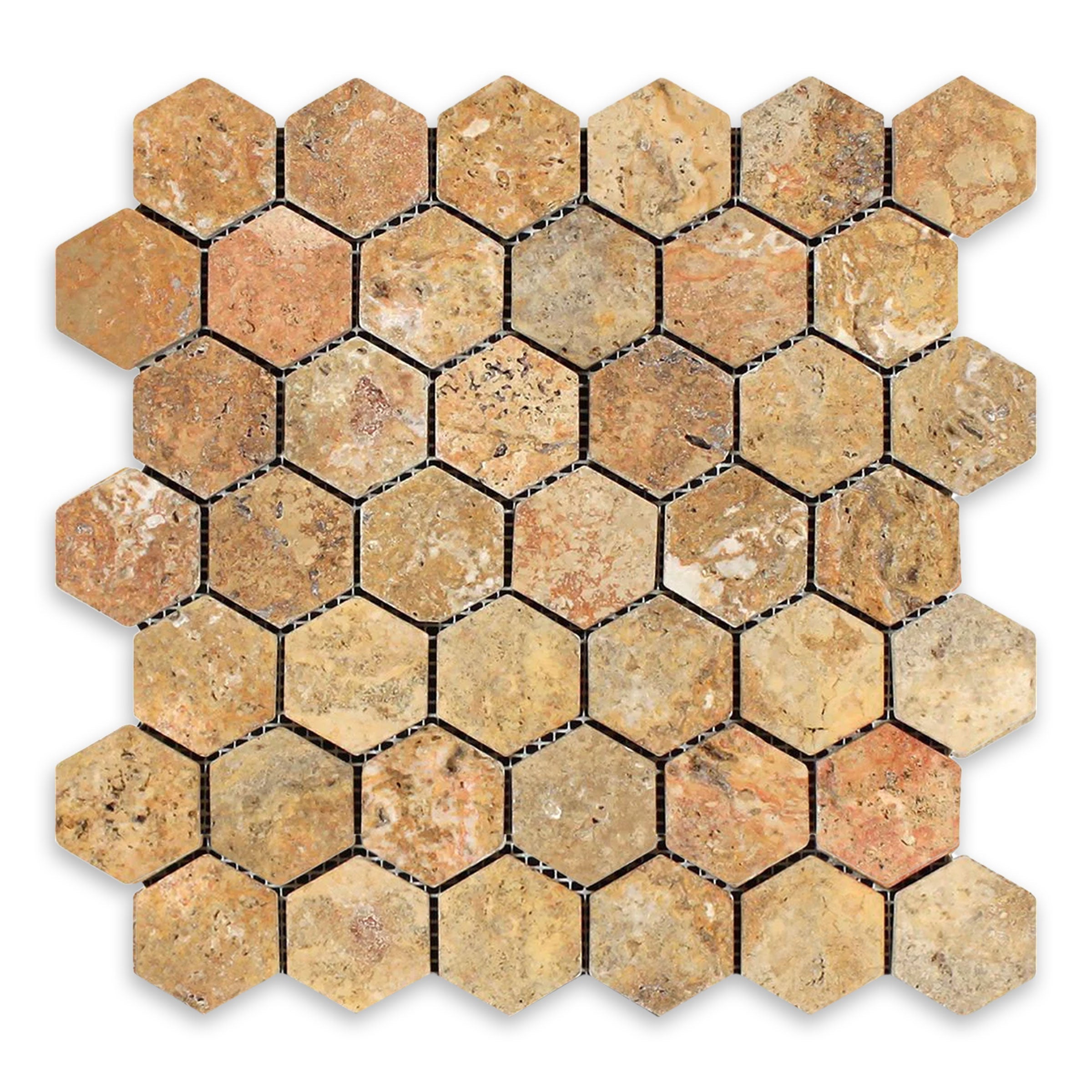 AUTUMN LEAVES: Travertine 2" Hexagonal Mosaic (11 3/4"x12"x3/8" | Tumbled)