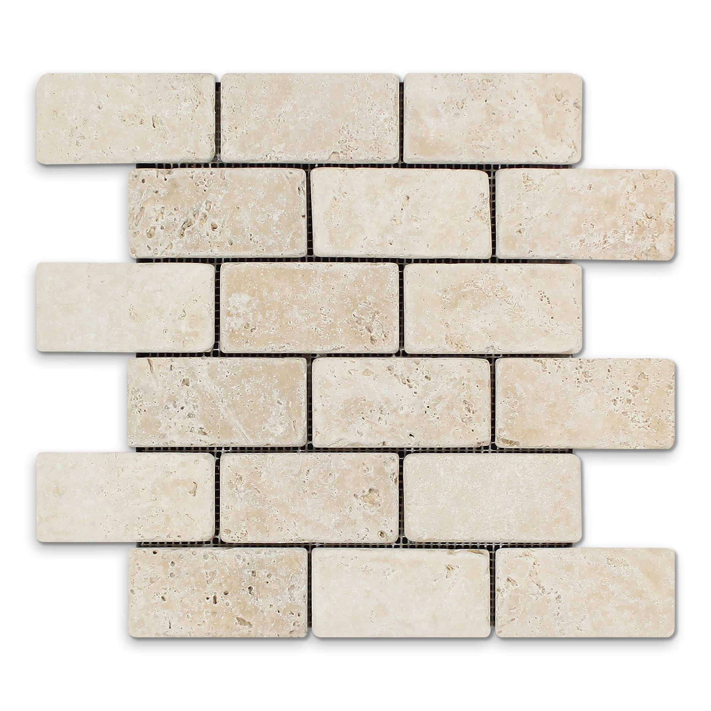 IVORY PREMIUM: Travertine 2"x4" Staggered Joint Mosaic (11 3/4"x12"x3/8" | Tumbled)