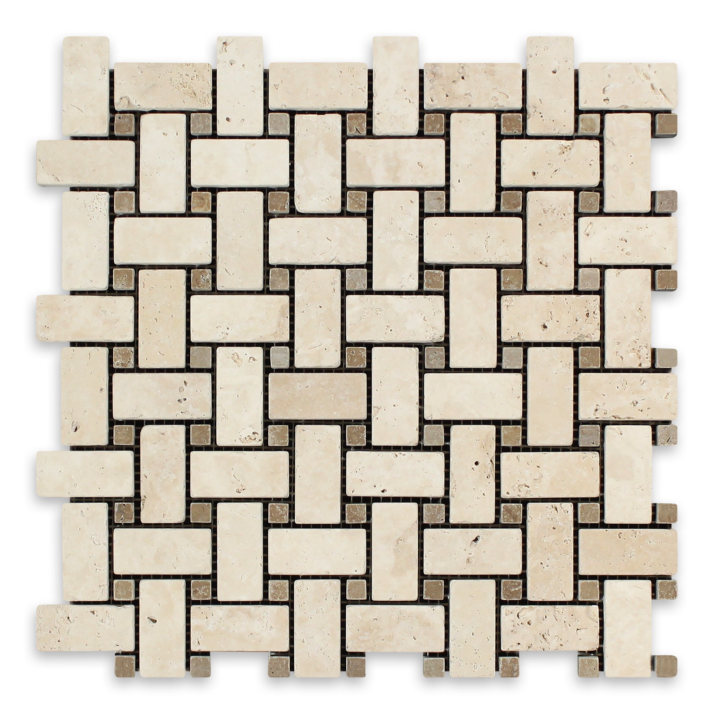 IVORY PREMIUM: Travertine Noce Dot Basketweave Mosaic (12"x12"x3/8" | Tumbled)