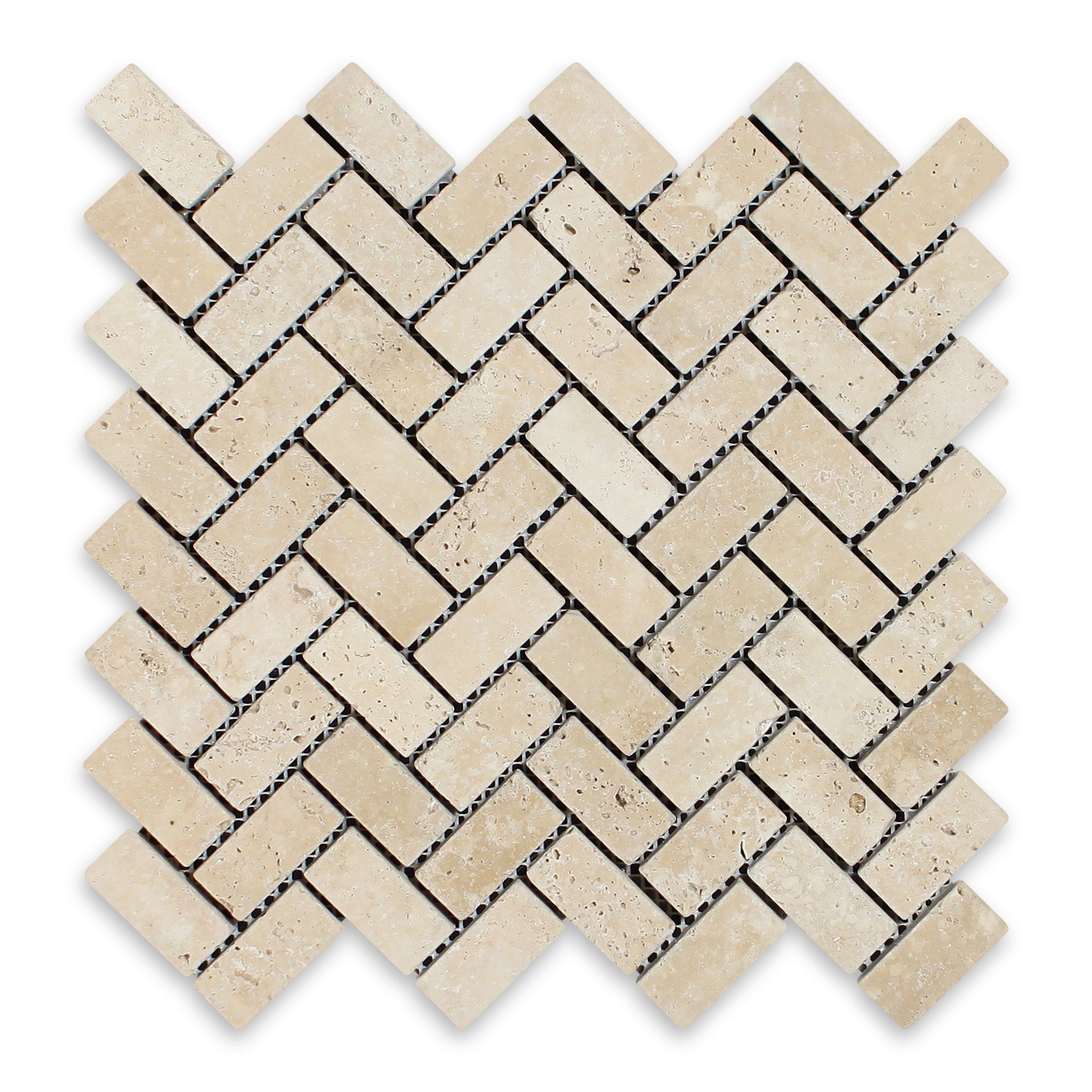 IVORY PREMIUM: Travertine 1"x2" Herringbone Mosaic (11 1/8"x12"x3/8" | Tumbled)