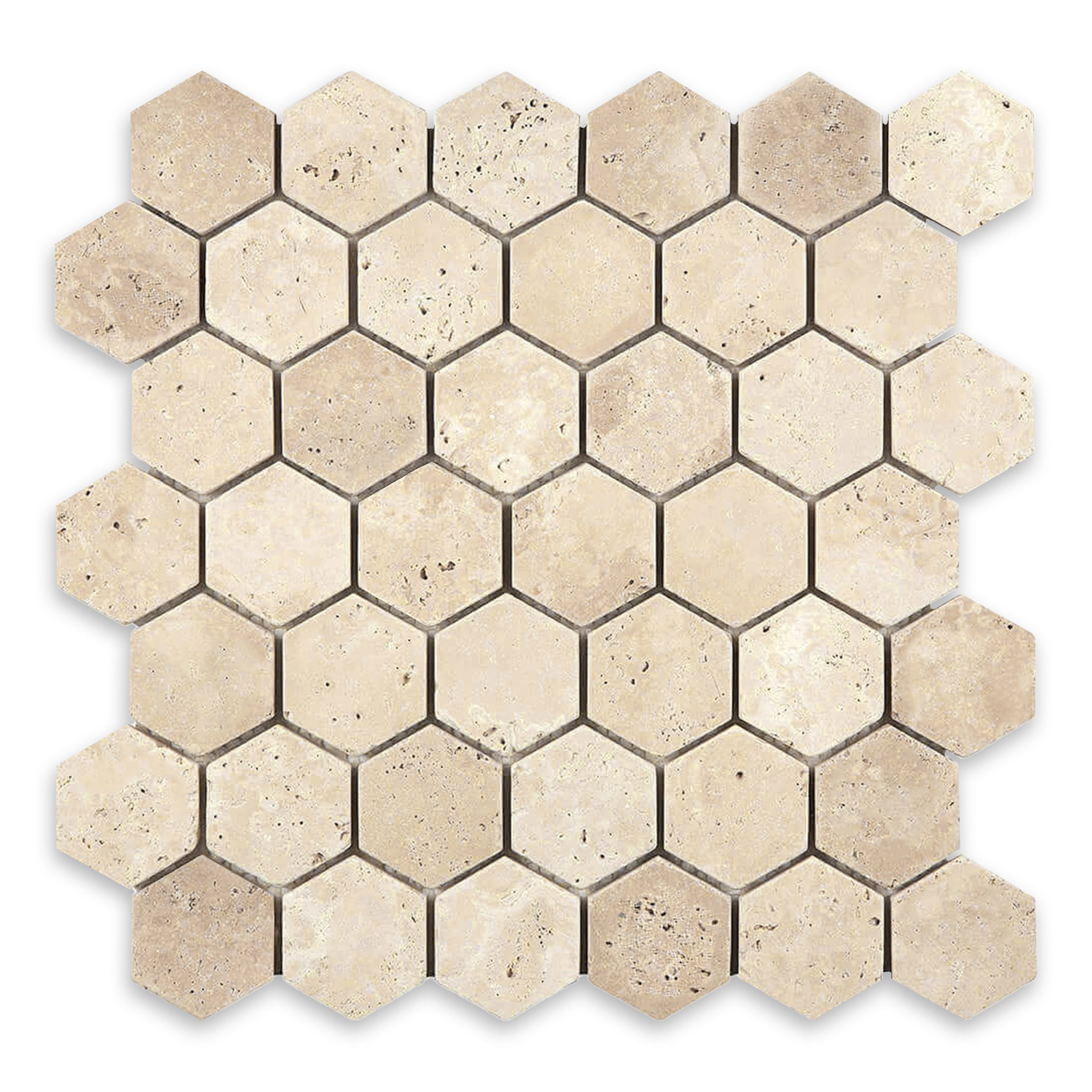 IVORY PREMIUM: Travertine 2" Hexagonal Mosaic (11 3/4"x12"x3/8" | Tumbled)