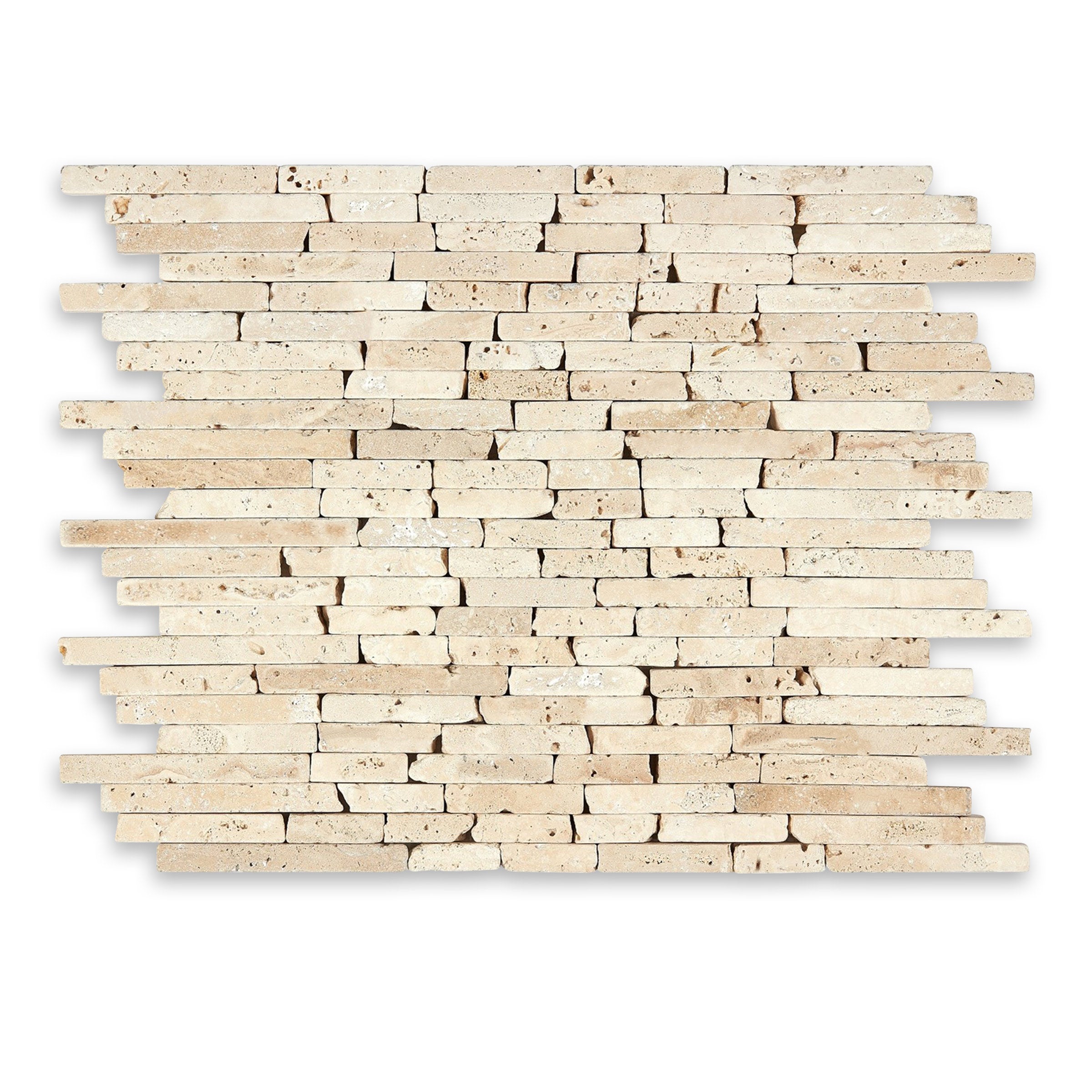 IVORY PREMIUM: Travertine Bamboo Random Strip Mosaic (12"x12"x3/8" | Tumbled)