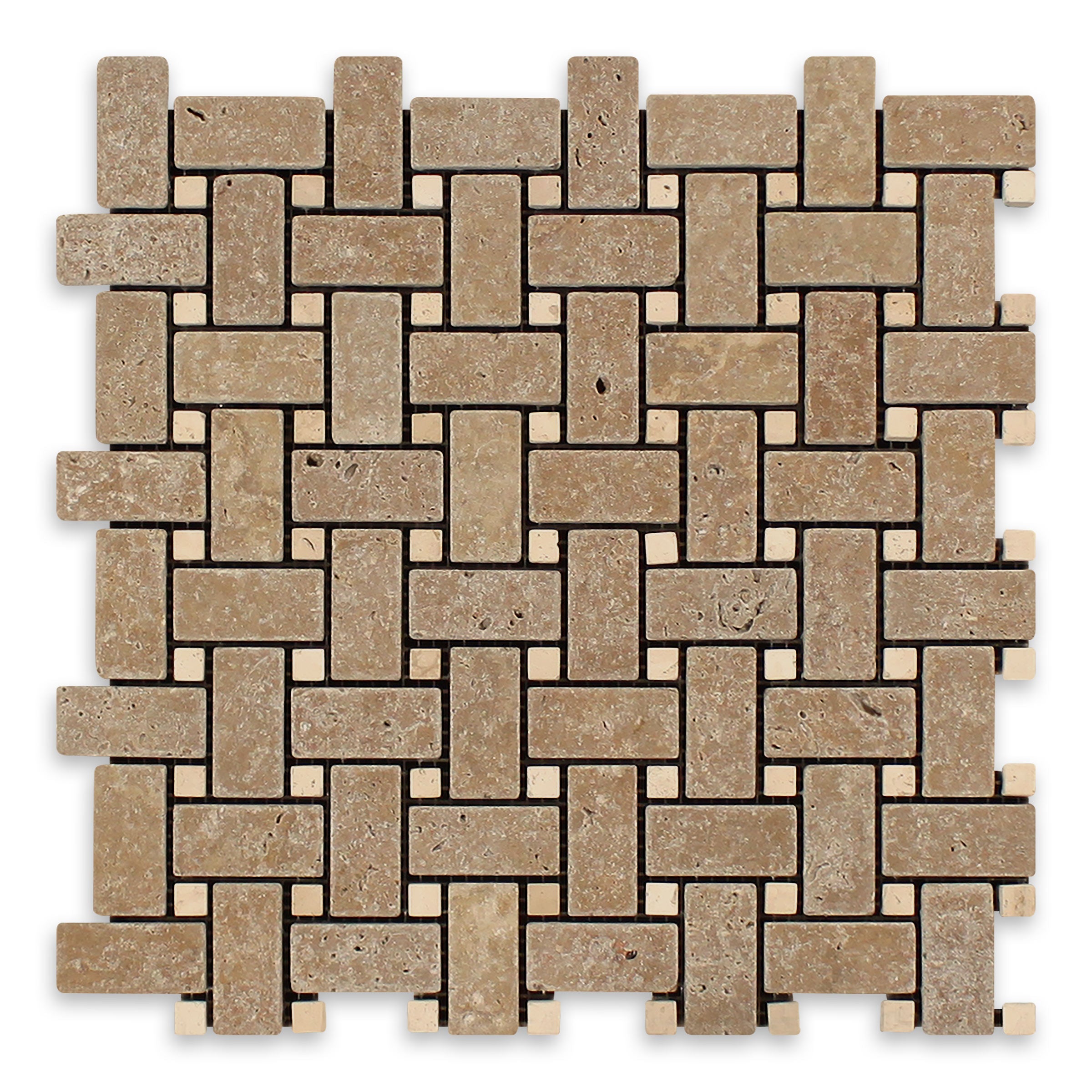 NOCE PREMIUM: Travertine Ivory Dot Basketweave Mosaic (12"x12"x3/8" | Tumbled)