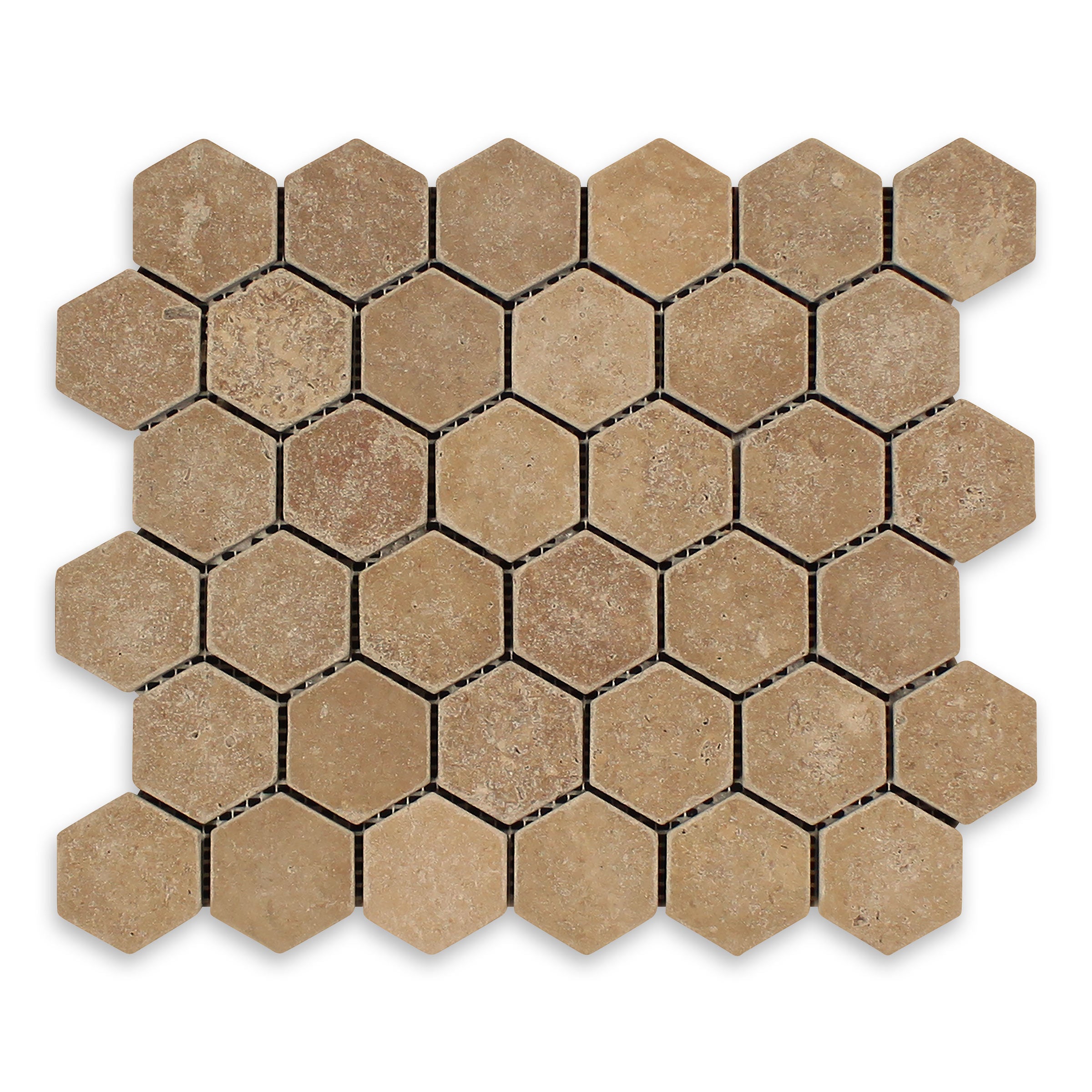 NOCE PREMIUM: Travertine 2" Hexagonal Mosaic (10 3/4"x12 3/8"x3/8" | Tumbled)