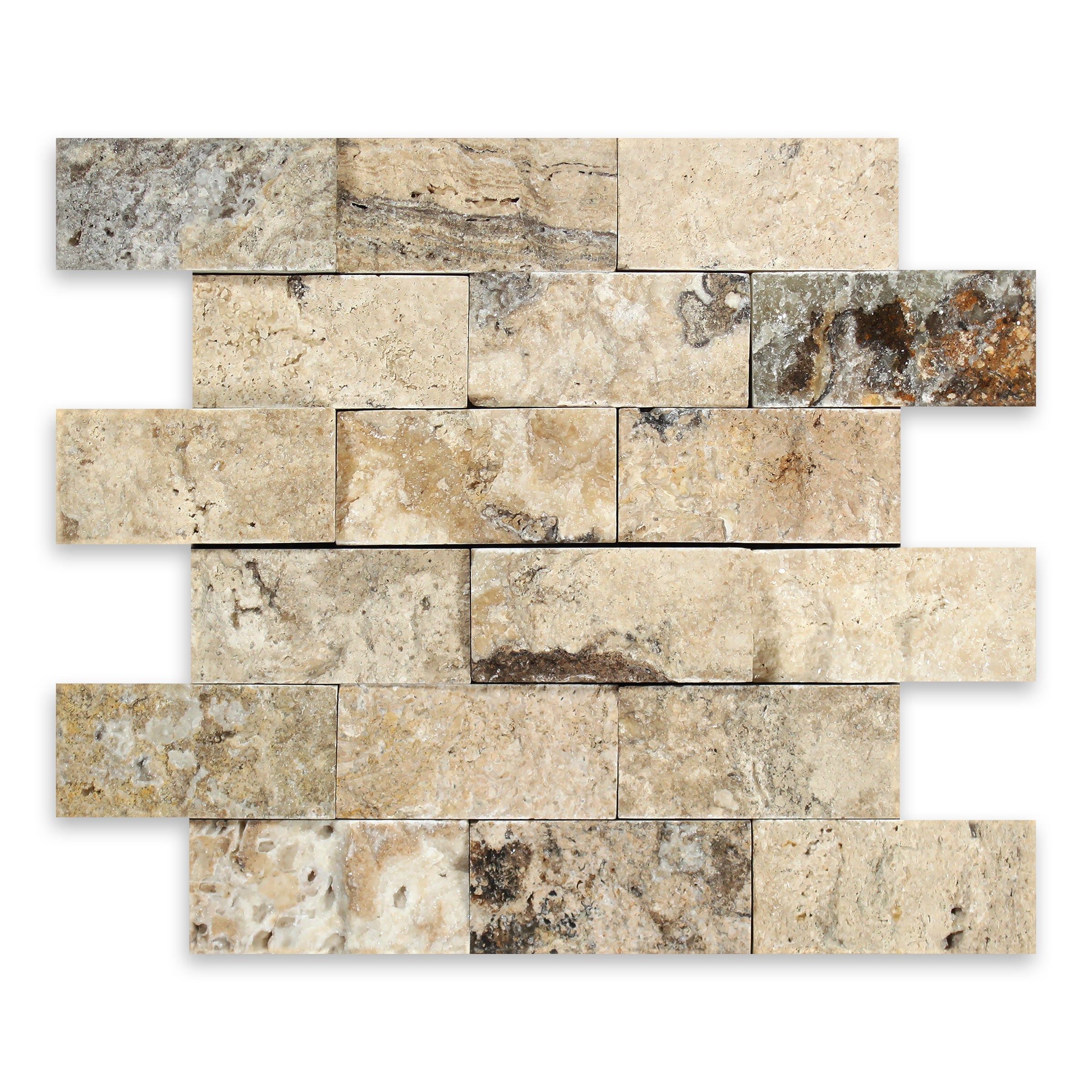 PHILADELPHIA: Travertine 2"x4" Staggered Joint Mosaic (11 3/4"x12"x3/8" | Splitface)