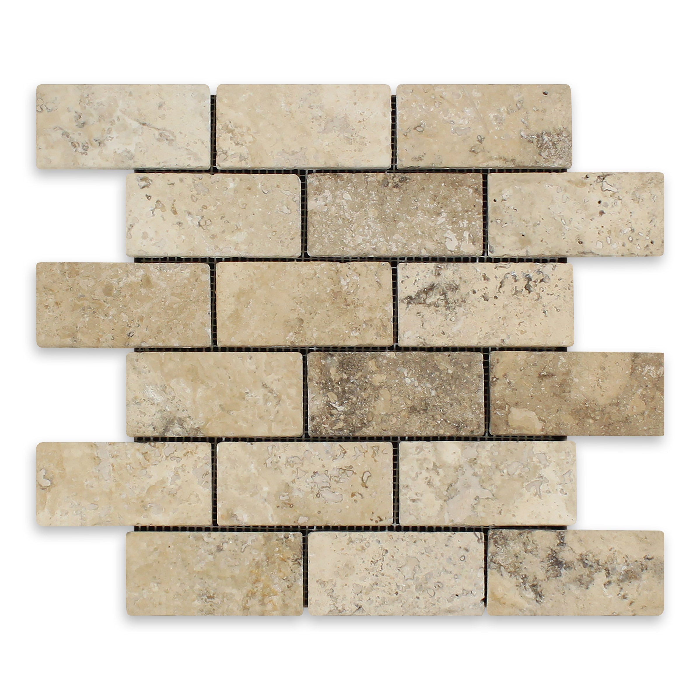 PHILADELPHIA: Travertine 2"x4" Staggered Joint Mosaic (11 3/4"x12"x3/8" | Tumbled)