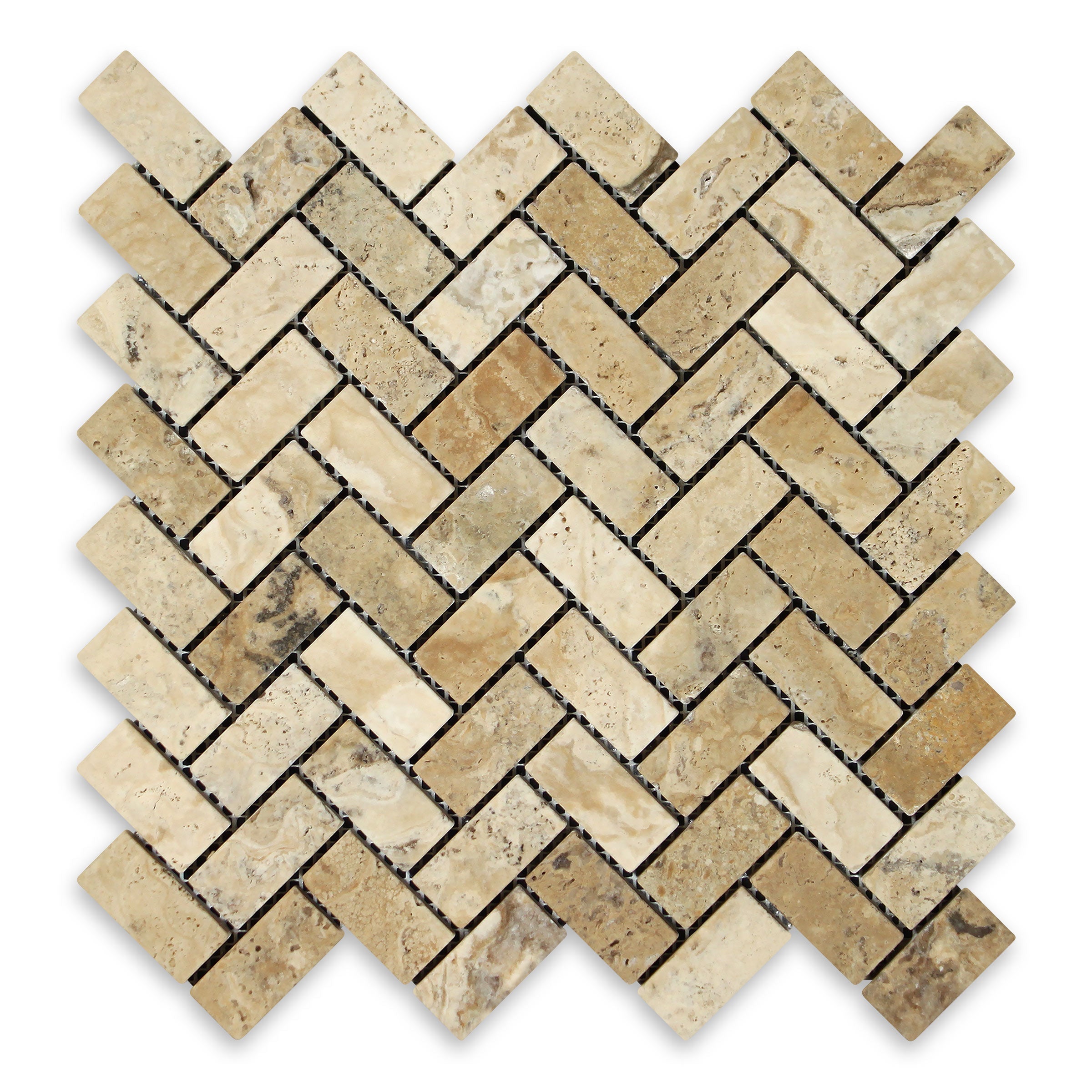 PHILADELPHIA: Travertine 1"x2" Herringbone Mosaic (11 1/8"x12"x3/8" | Tumbled)