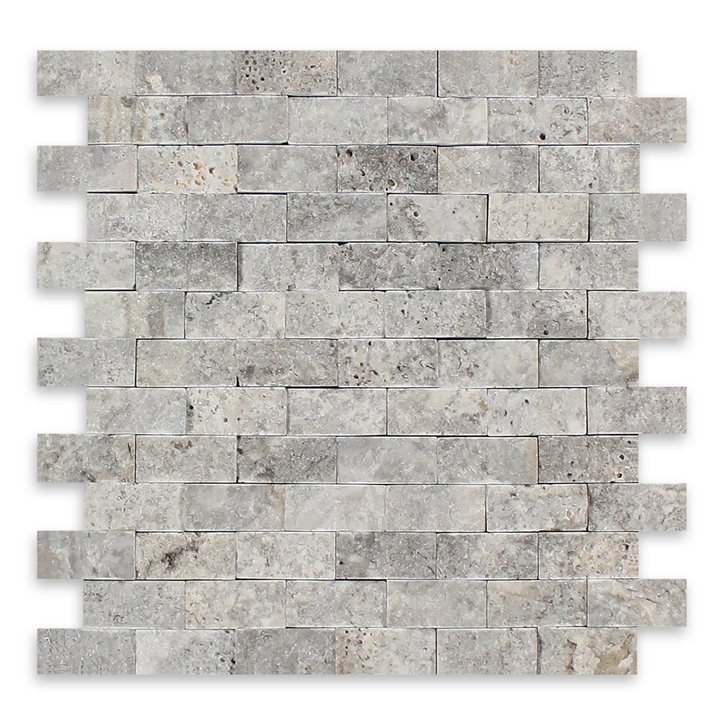 SILVER PREMIUM: Travertine 1"x2" Staggered Joint Mosaic (12 1/4"x12 3/4"x3/8" | Splitface)