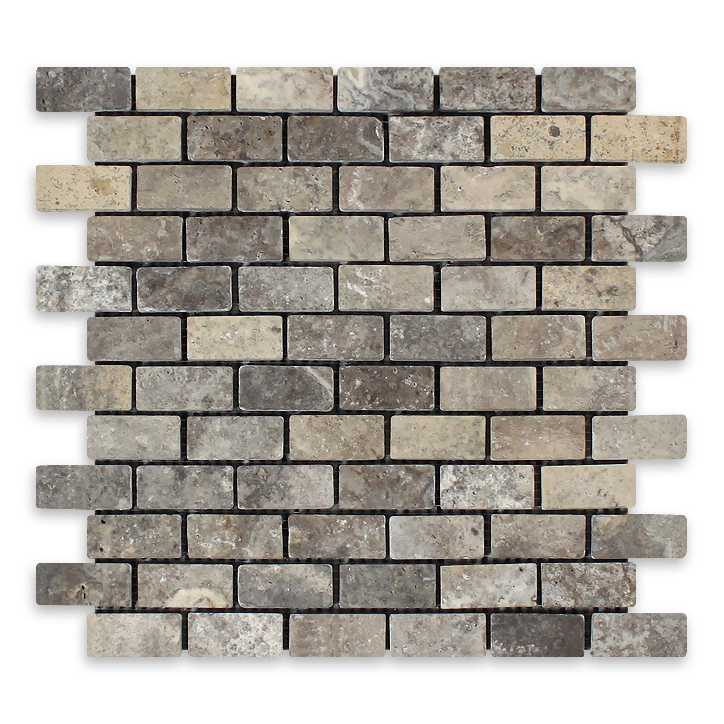 SILVER PREMIUM: Travertine 1"x2" Staggered Joint Mosaic (12 1/4"x12 3/4"x3/8" | Tumbled)