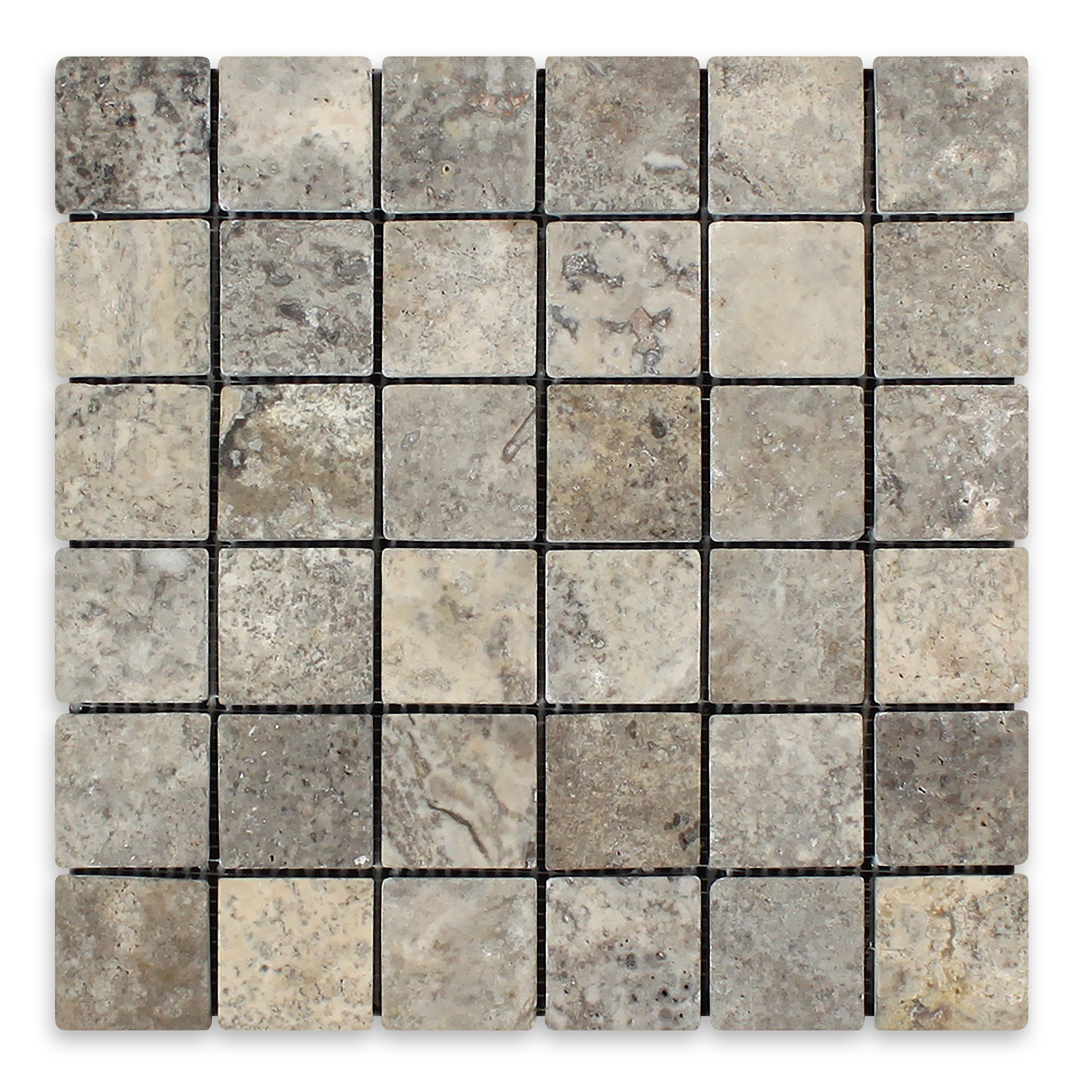 SILVER PREMIUM: Travertine 2" Straight Stack Mosaic (12"x12"x3/8" | Tumbled)