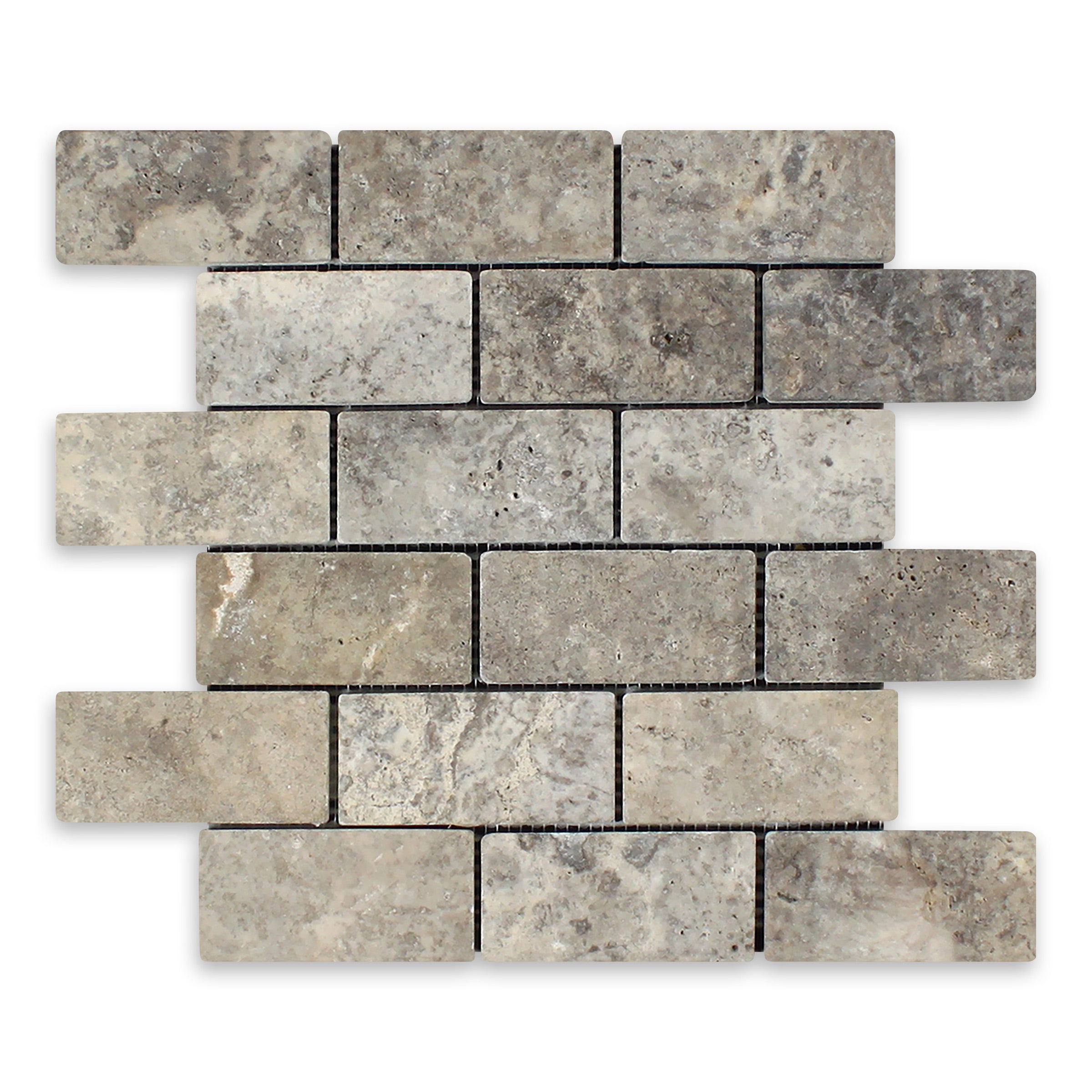 SILVER PREMIUM: Travertine 2"x4" Staggered Joint Mosaic (11 3/4"x12"x3/8" | Tumbled)