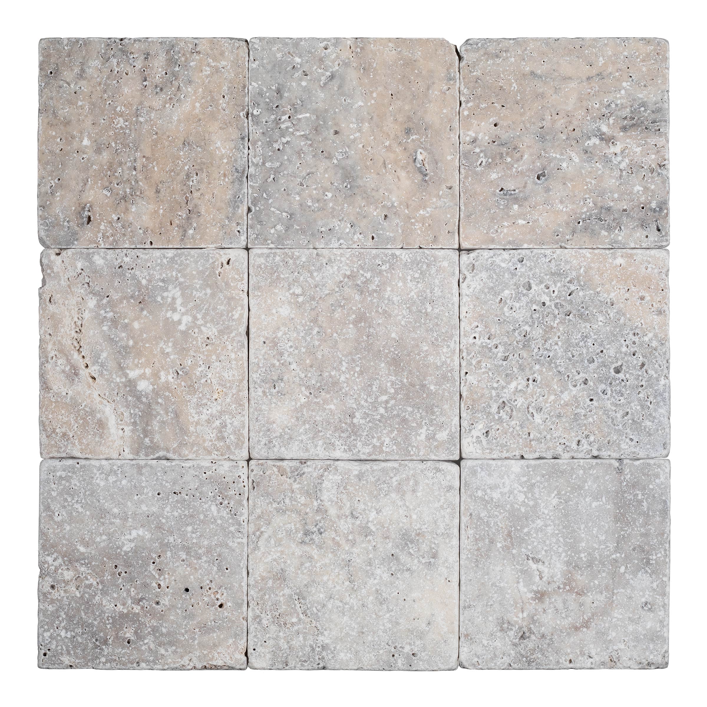 SILVER PREMIUM: Travertine Square Field Tile (4"x4"x3/8" | Tumbled)