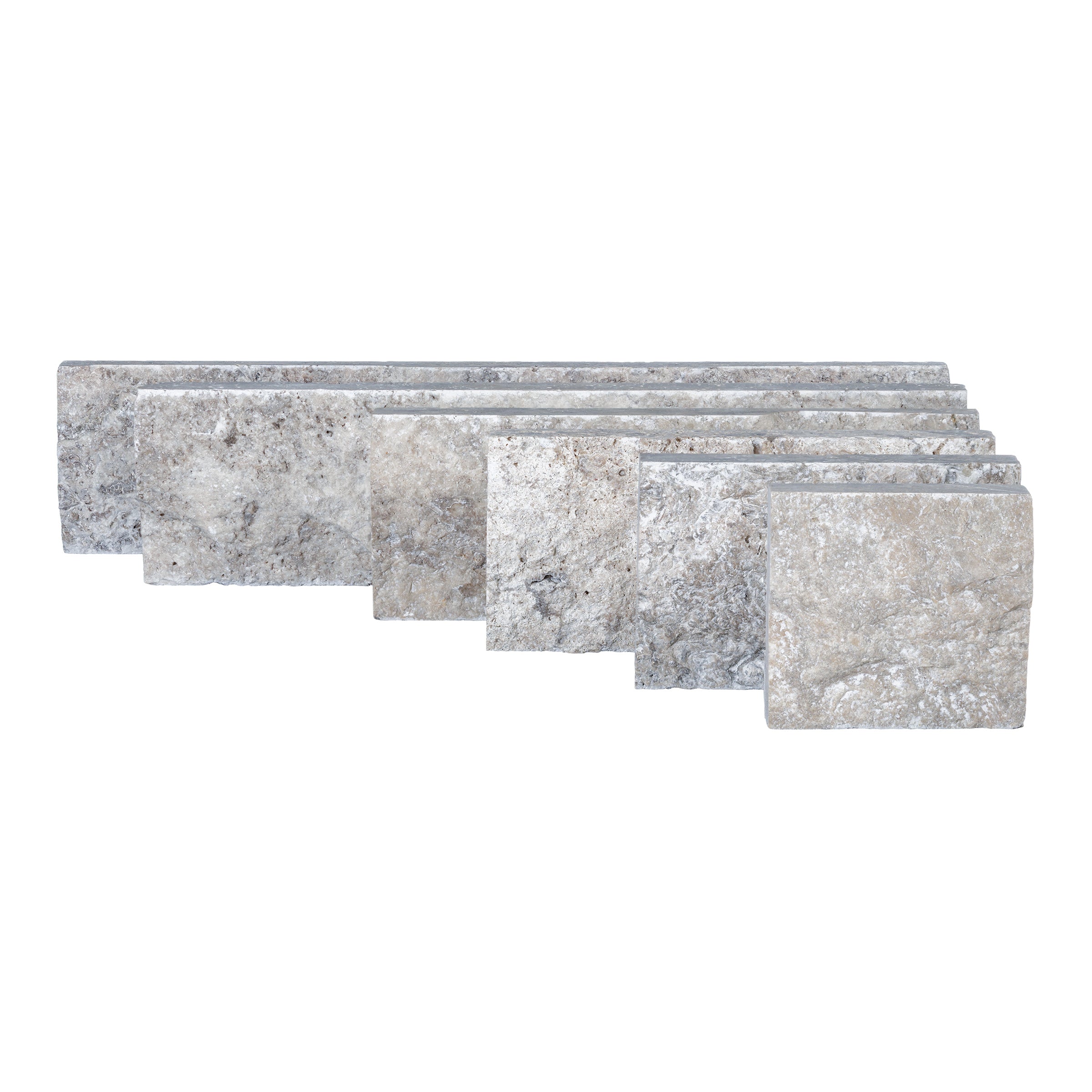 SILVER PREMIUM: Travertine Random Length Wall Veneer Flats Set (4"xRx7/8"- 1 1/4" | Splitface)