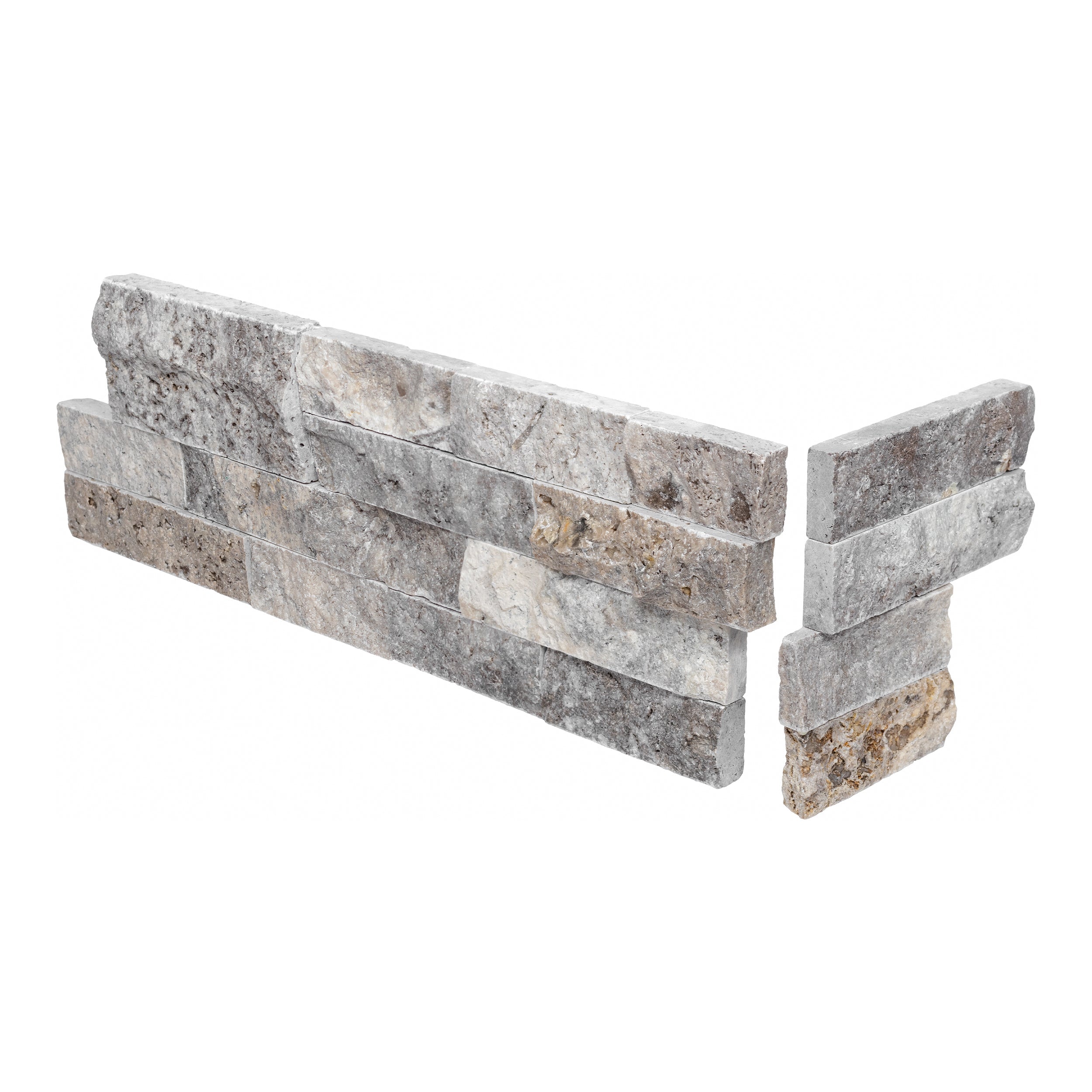 SILVER PREMIUM: Travertine Ledger Stone Smart Corner Wall Panel (6"x6", 6"x18" | Rockface)