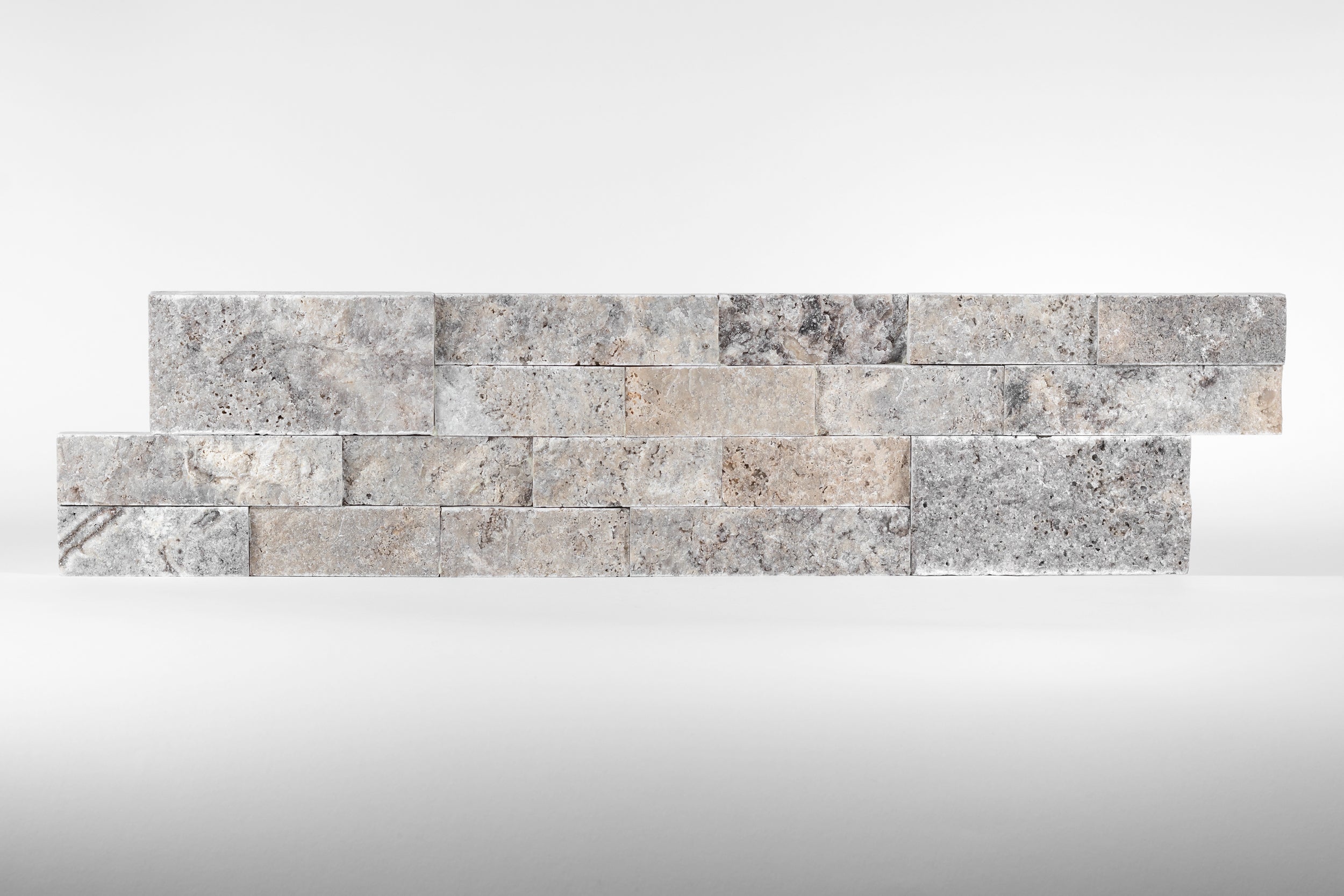 SILVER PREMIUM: Travertine Ledger Stone Flat Wall Panel (6"x24"x1/2"-1 1/4" | Rockface)