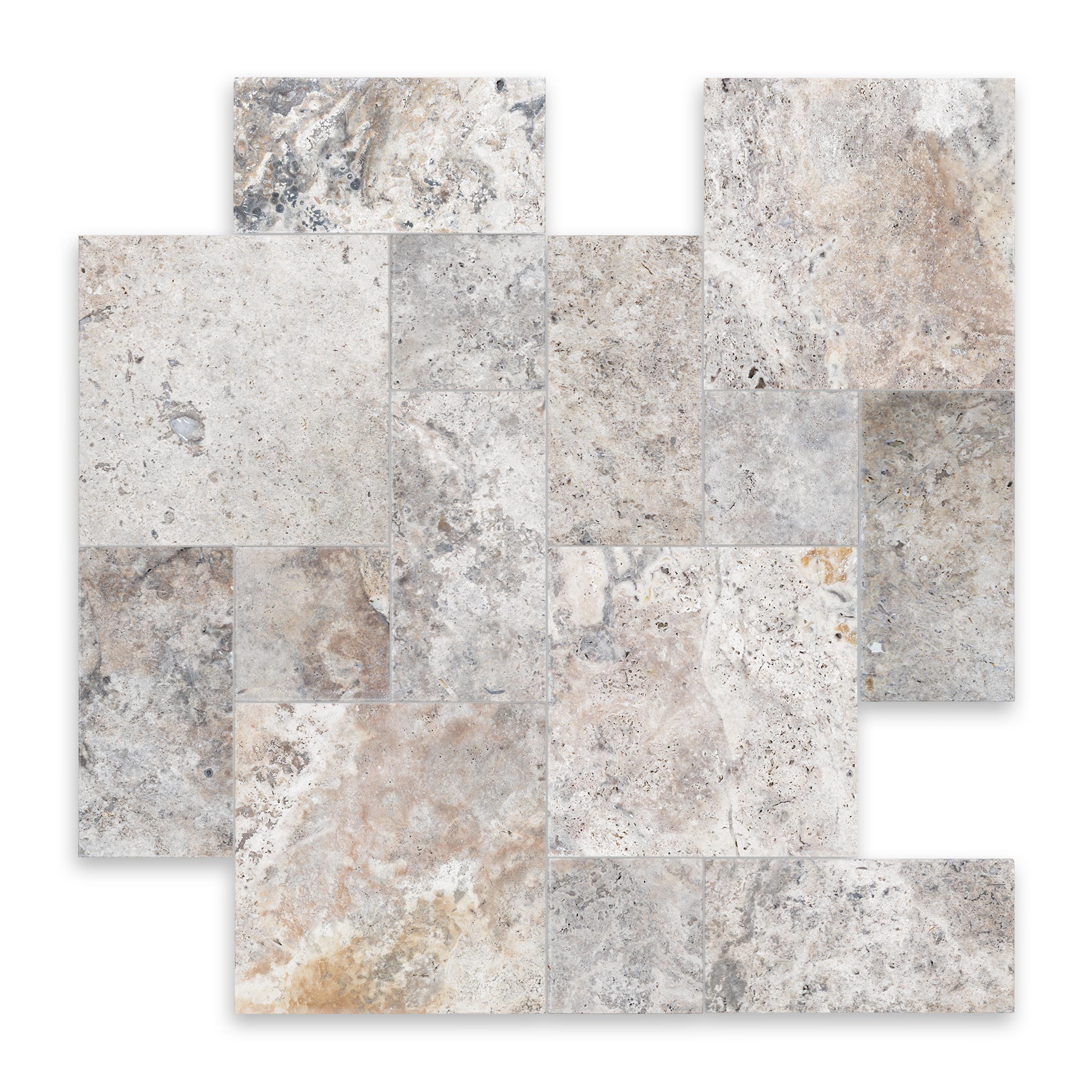 SILVER PREMIUM: Travertine Roman Paving Tile Pattern (8 SQFT | Tumbled)