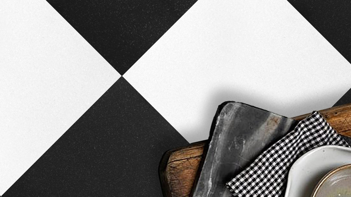Nsr Absolute Black & Thassos White Checkerboard tile in a room setting — available at Surface Group