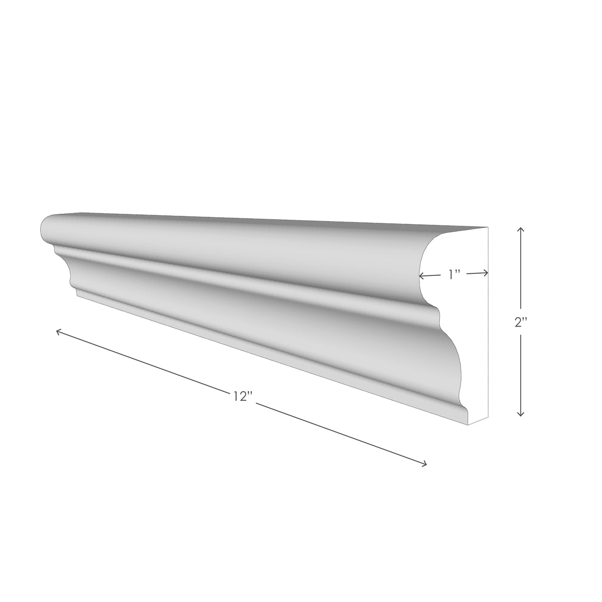 AJAX GOLD: Grand Chair Rail Marble Trim (2"×12"×1" | honed) — profile drawing showing the trim shape and dimensions.