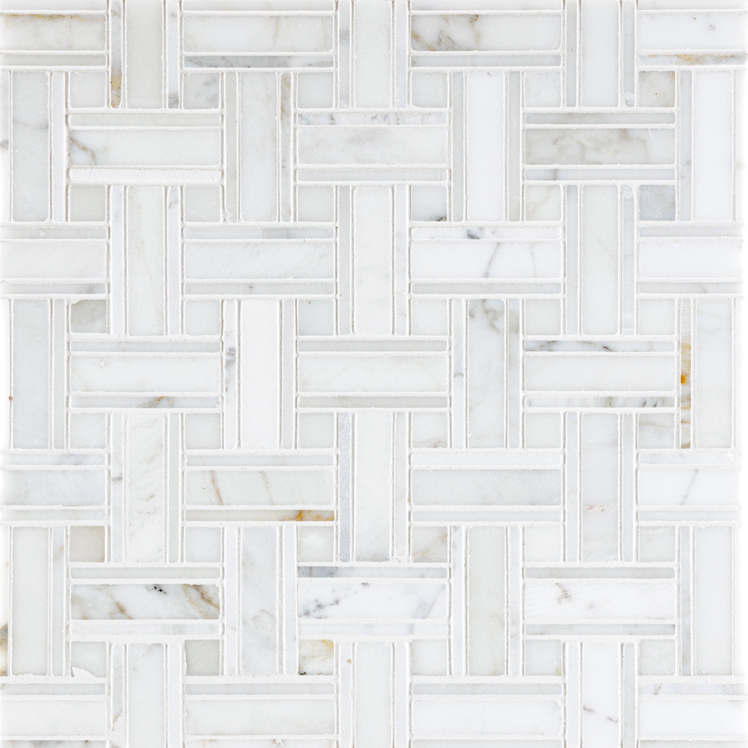 CALACATTA GOLD: Tripleweave Calacatta Dot Basketweave Mosaic (10 3/4"×10 3/4"×3/8" | honed)